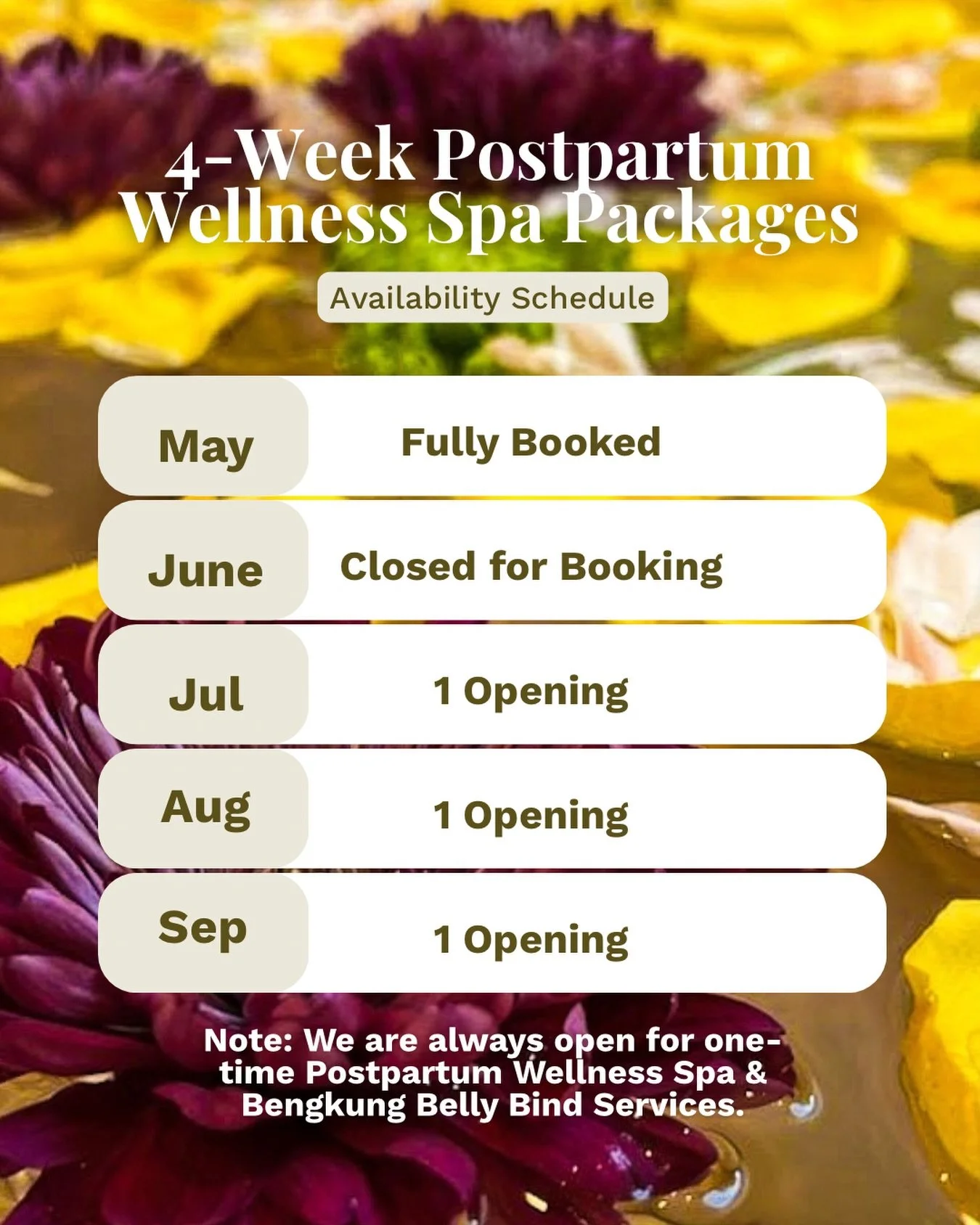 The baby gets visitors, gifts, check-ins.
Moms deserve care too.

More openings are available for our 4-Week Postpartum Spa Package ✨ A slower, gentler way to support recovery after birth.

We also offer:
&bull; One-Time Postpartum Wellness Spa Packa
