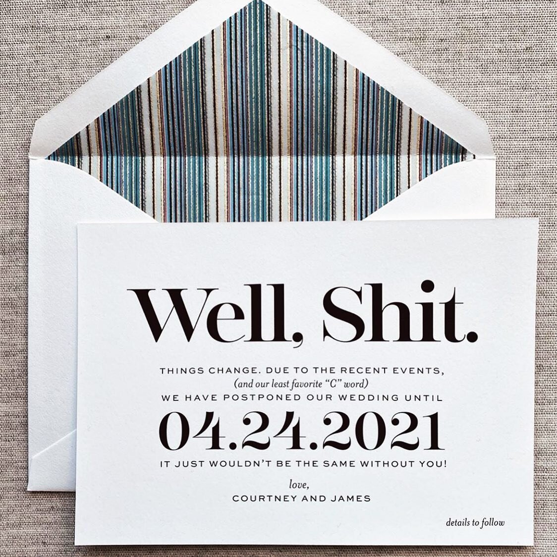 DAMM STRAIGHT | Have you been struggling on what to say to guest and loved ones? This beauty is straight to the point and we love it! Via @insideweddings @1elizabethgrace
.
.
.
.
.
#postponed #postponedwedding #covid19 #wedding #guestlist #2020 #wedd