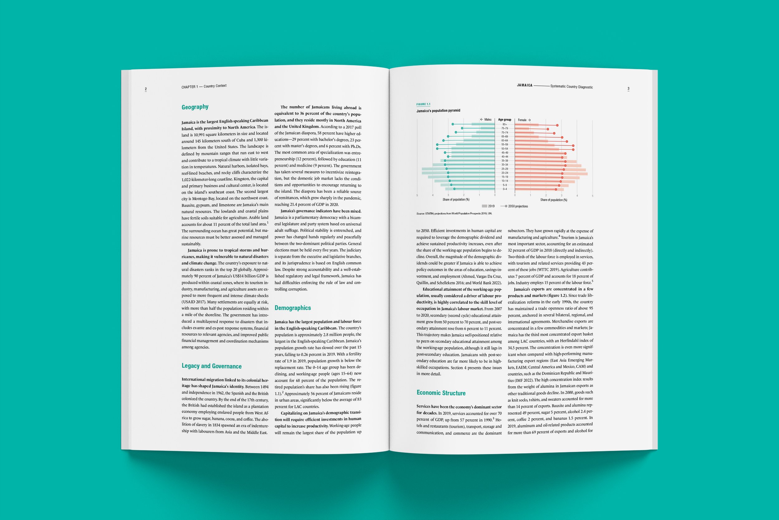 Information design and report layout produced by Designed for Humans for the World Bank Jamaica - Systematic Country Diagnostic