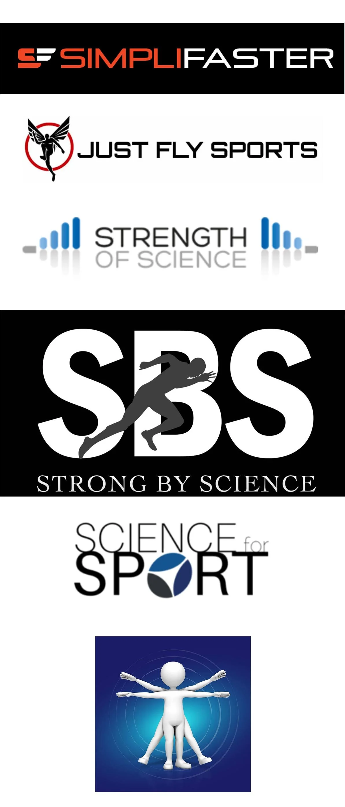 由上而下,依序是Simplifaster、Just Fly、Strength of Science、Strong by Science、Science for Sports﹐YLMsportscience的標示圖。
