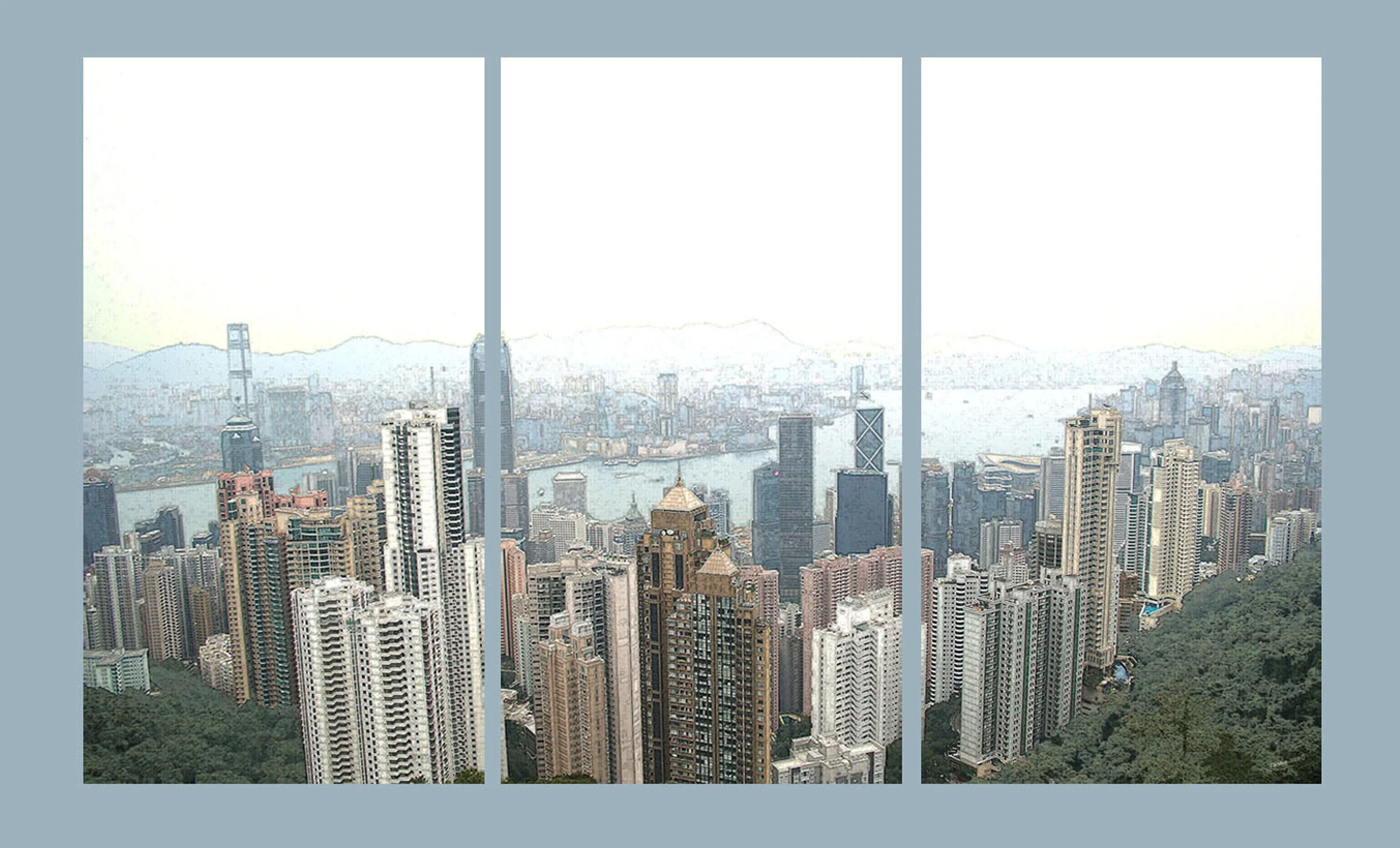 'Misty Day' - Triptych Victoria Harbour (from the Peak) Hong Kong Pen and Ink Conversion - fine canvas
