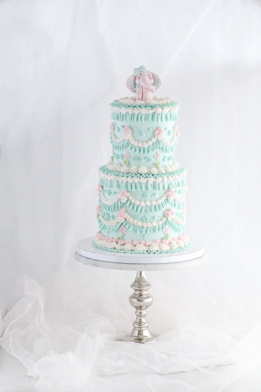 Vintage Buttercream Baby Shower Cake with Elephant Topper