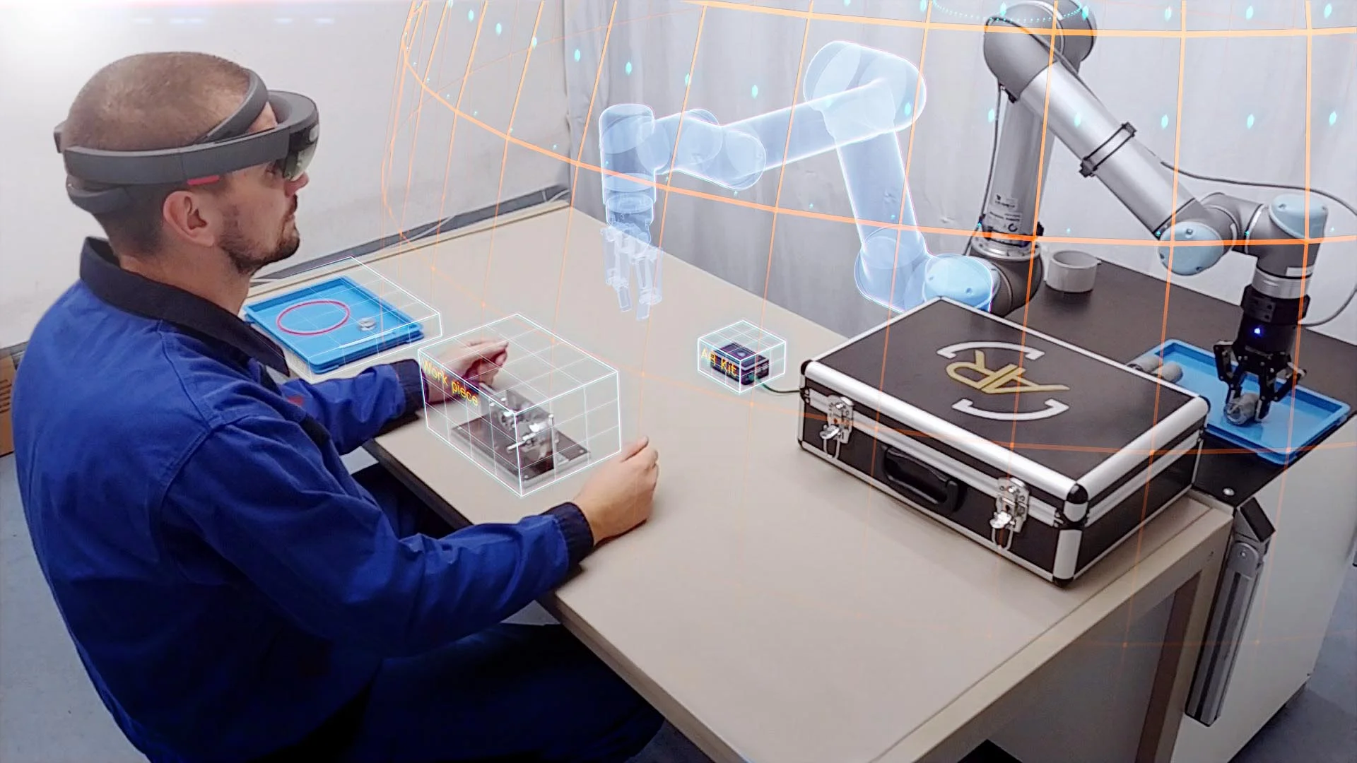 Hybrid work station "Augmented Robots", enabling seamless collaboration through augmented reality and intuitive gesture control: YouTube-Link