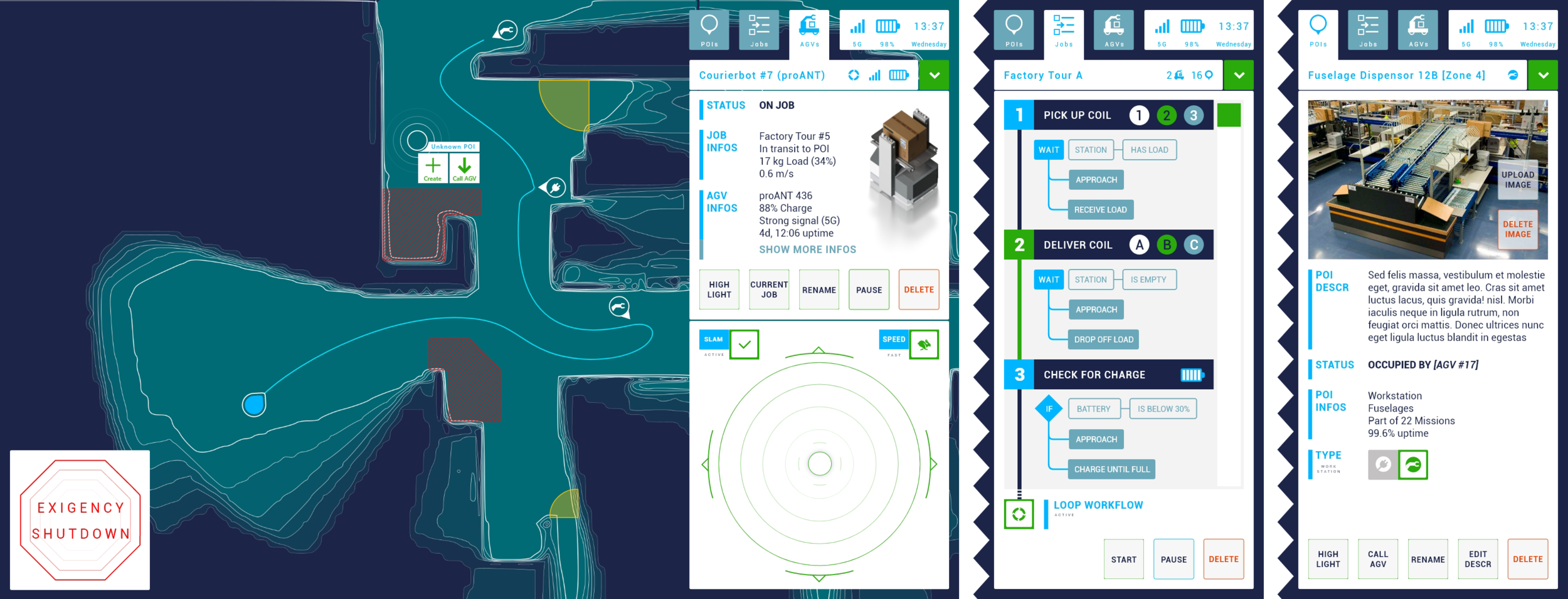 Proprietary user interface for autonomous transport vehicle interaction: on the left main part is the map, that is procedurally generated with SLAM from laser sensors and filled with semantic understanding from RGB imagery; on the right is the dashboard sidebar containing three distinct segments: the AGV control for manual intervention and scanning, the workflow manager and the asset-library for route planning and factory-oversight.