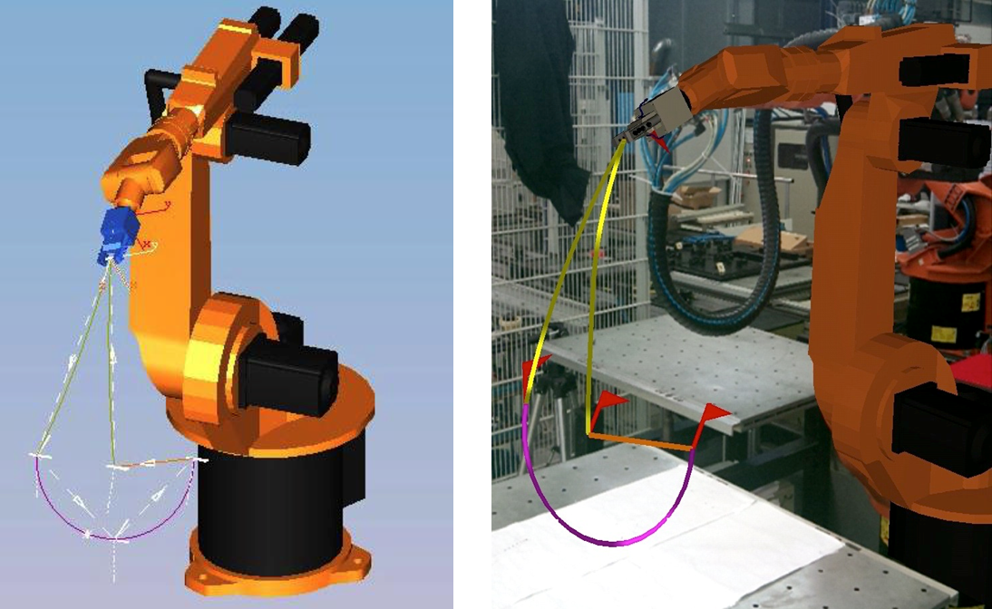 Virtual robot and same trajectory in VR (left) and AR (right)