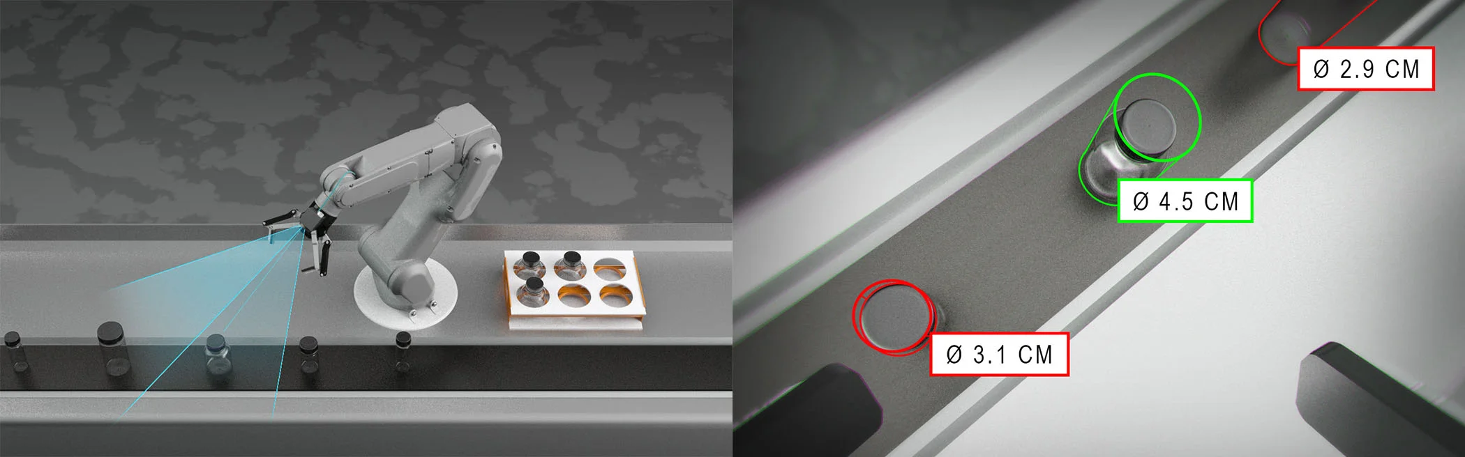 Quality Assurance and Commissioning with EPIC: different items in the production line can be identified by robot-mounted camera and trigger specific actions to handle the corresponding item