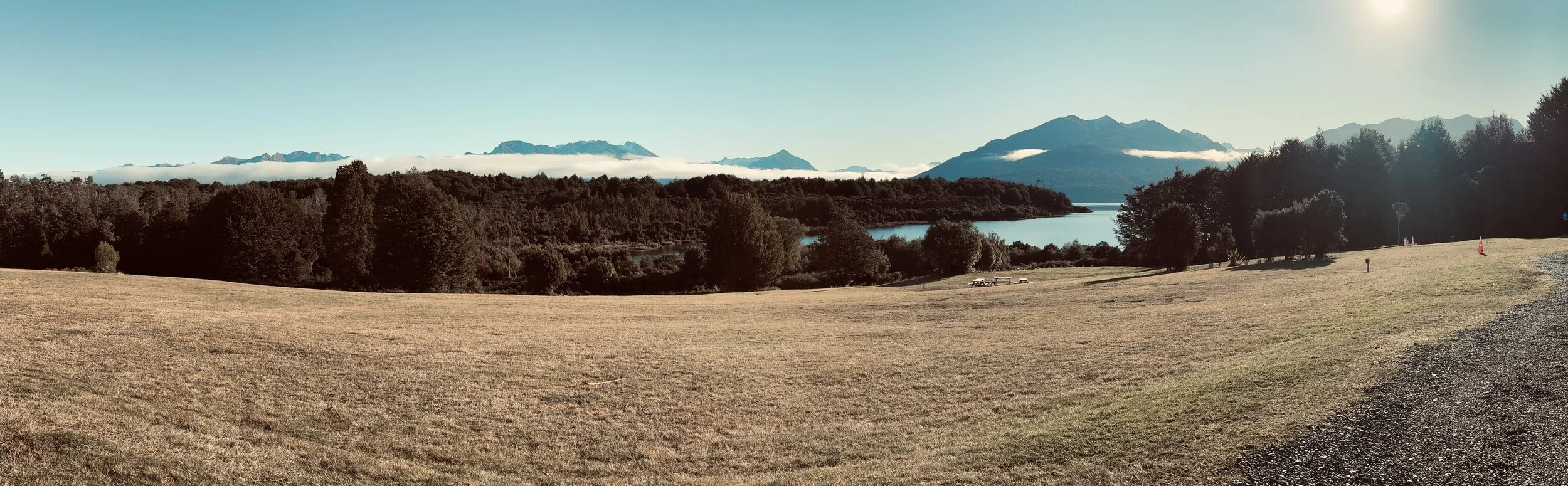 Scenic landscape with dry grassy field, dense forest, a lake, and mountain range in the background under clear blue sky.