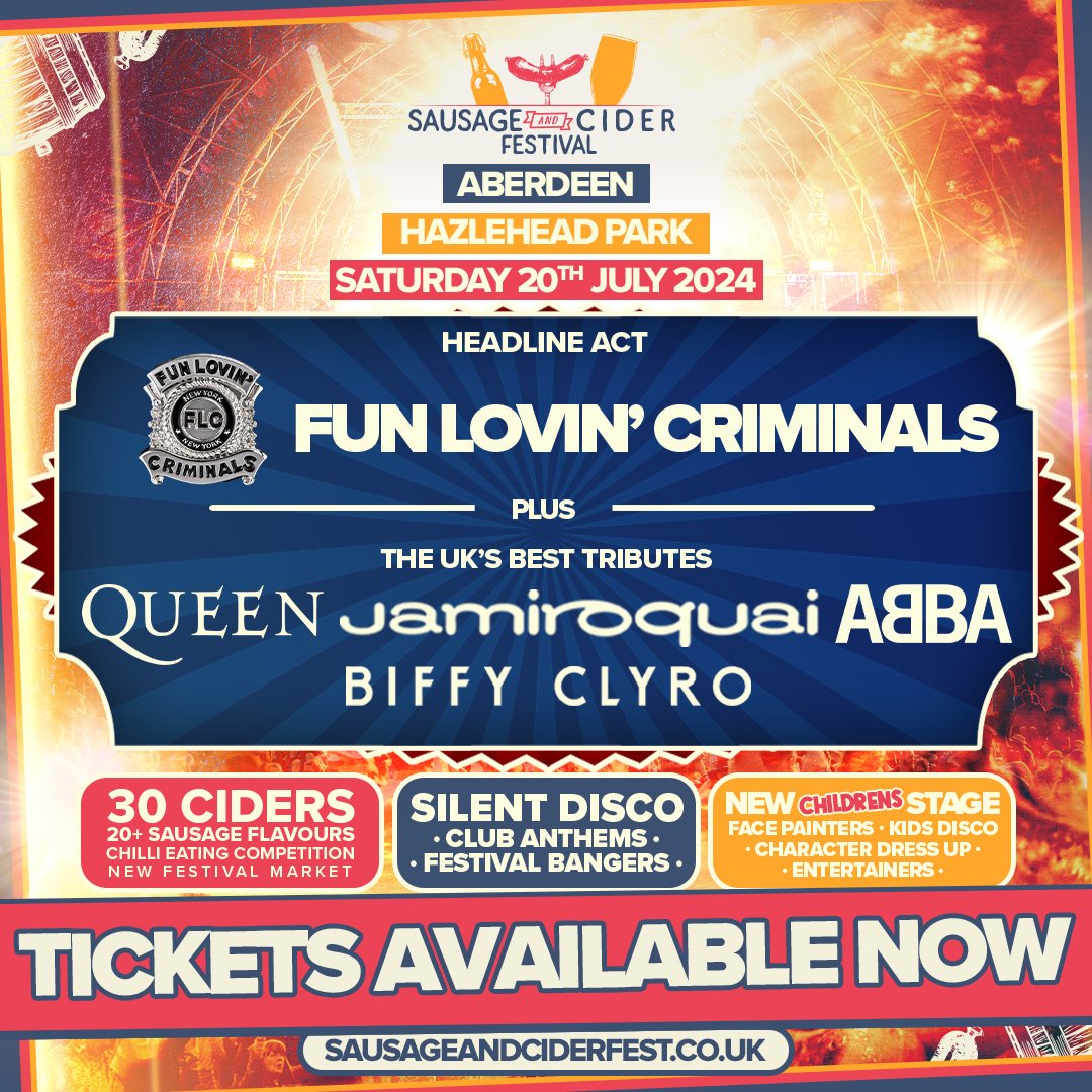 ❗❗ANNOUNCEMENT TIME ABERDEEN❗❗

🎸FUN LOVIN' CRIMINALS 🎸are joining us at Sausage and Cider Fest!👏

Bringing their infectious blend of cinematic hip-hop, rock &lsquo;n&rsquo; roll, blues-jazz and latin-soul. Including all the hits such as debut sin