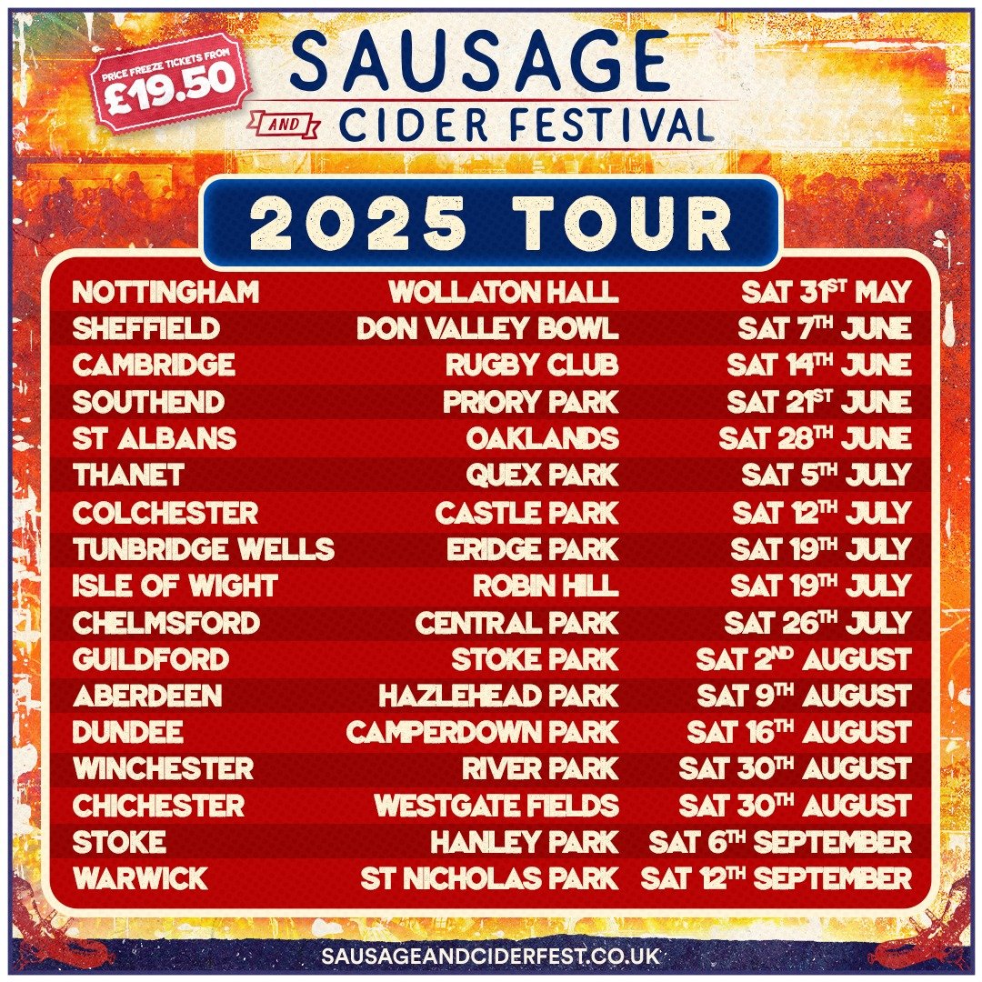 SAUSAGE AND CIDER FESTIVAL 2025 TOUR: MORE DATES ADDED! 🙌

We can't help ourselves, WE'RE COMING TO CHICHESTER NEXT YEAR! 

A brand new location, A NEW CROWD - WE CANNOT WAIT! 🌭

❗YOU CAN GRAB TICKETS AT THEIR LOWEST PRICE RIGHT NOW ❗

SIGN UP NOW 
