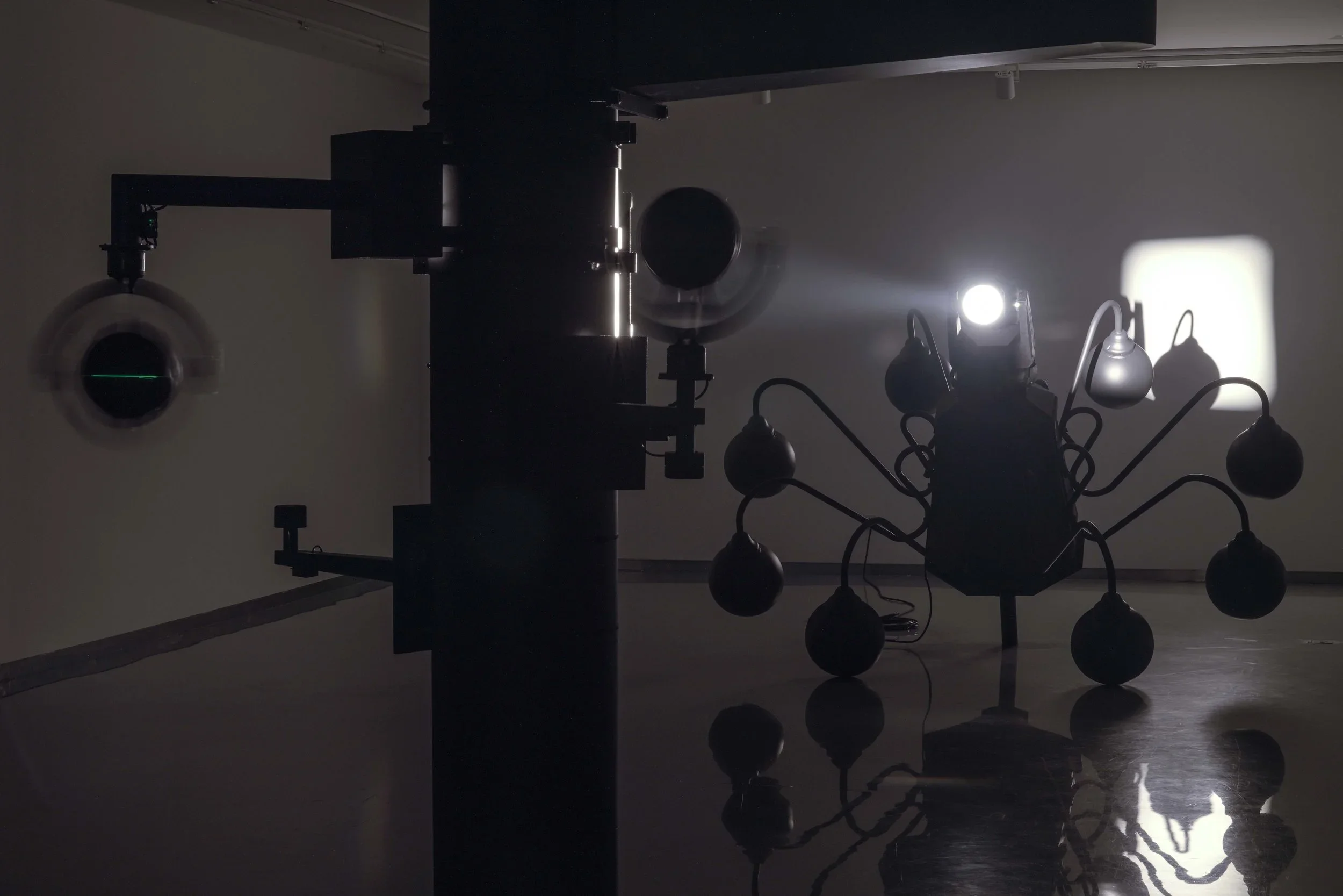 SAFE HOUSE #1《安全屋 #1》   MECHANICAL-KINETIC INSTALLATION, LIGHTING INSTALLATION, SOUND INSTALLATION POWDER COATING IRON PLATE, POWDER COATING STAINLESS STEEL, BIRCH BOARD, ABS PLASTIC, 3D PRINTING PHOTOSENSITIVE RESIN, MOTOR, COMPUTER, RADAR, SPEAKE