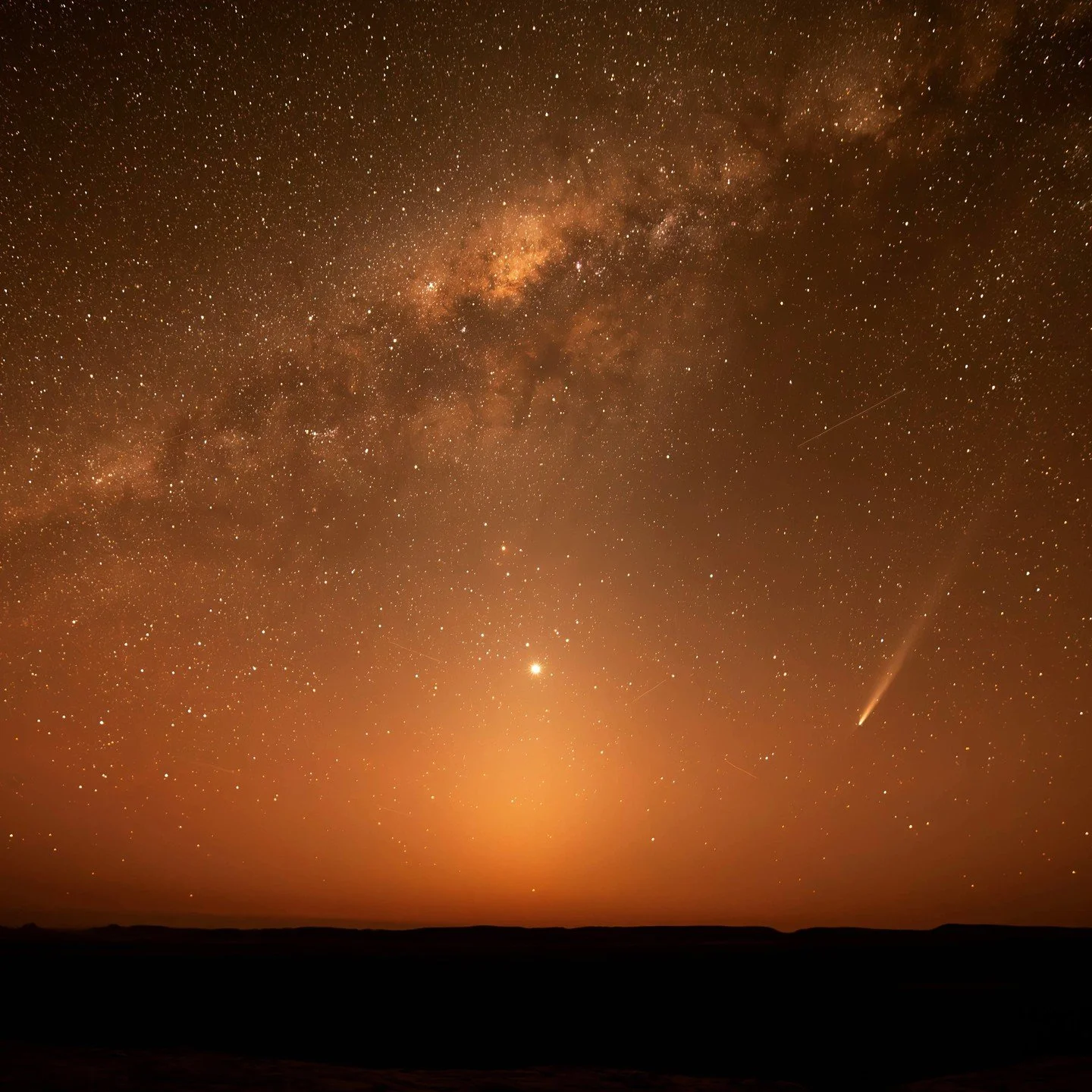 Last month in Namibia, I lay on my back and looked at this sky - a comet passing overhead, last seen by neanderthals. We were so far from human habitation, with no access to the outside world, it was easy to believe that I was lying in exactly the sa