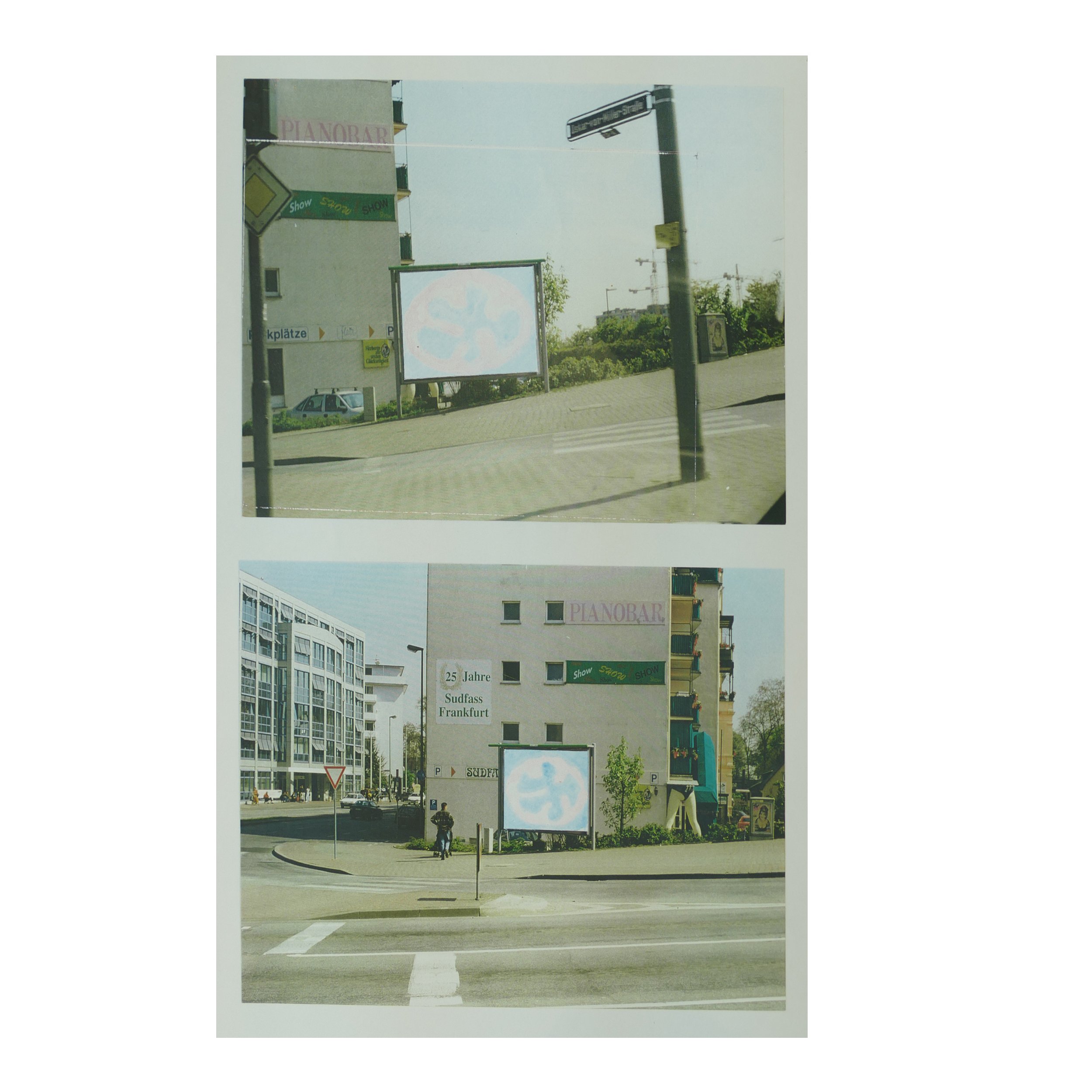  Entwurf für Bild auf Werbetafel Oskar-von-Miller-Straße/Flößerbrücke, Frankfurt am Main Collage mit Filzstift und Papier auf Foto 