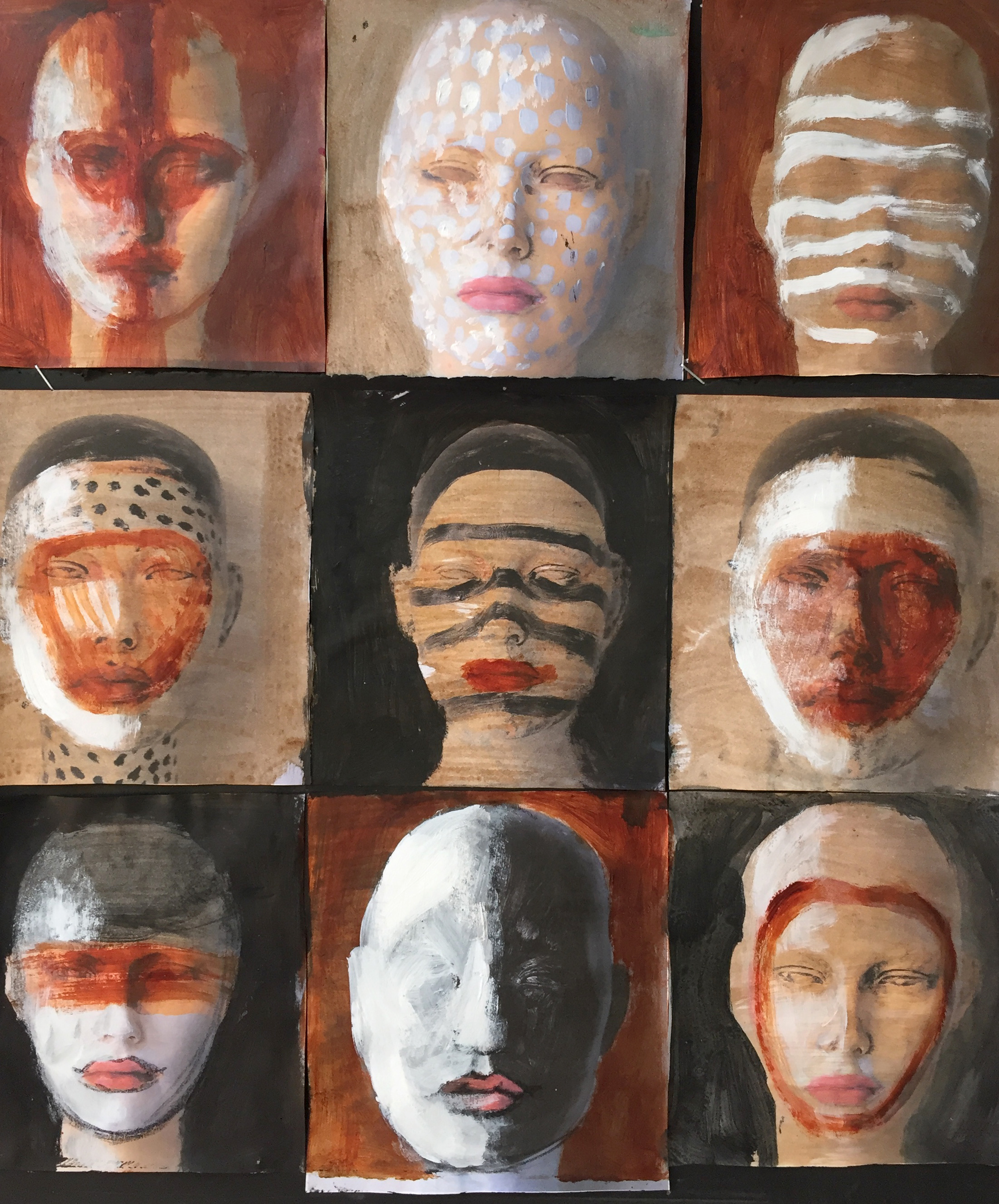 "9 Heads", Acrylic, Photo, Chalk, 18" x 18"