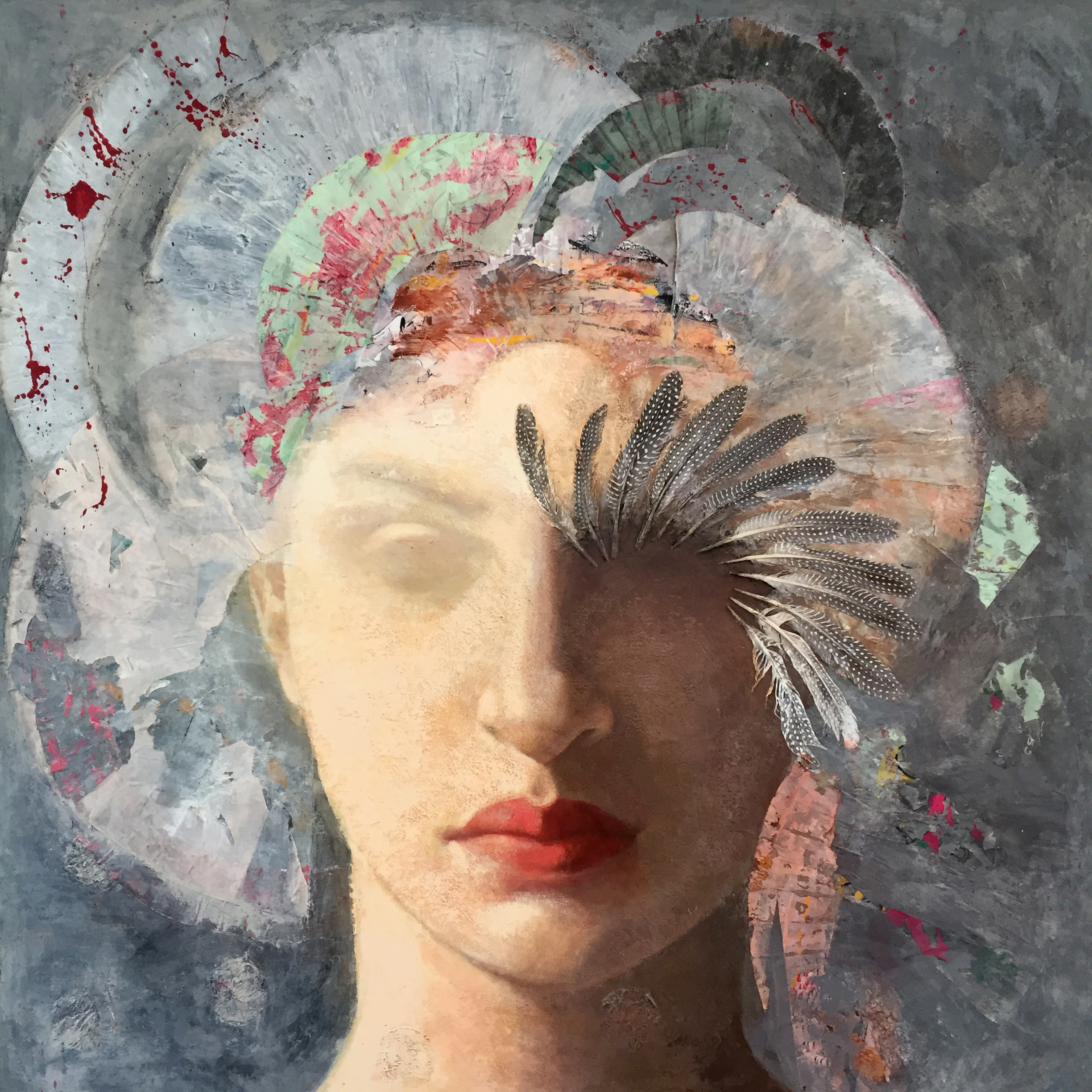"Feather Mask", Acrylic, Collage, 36" x 36"