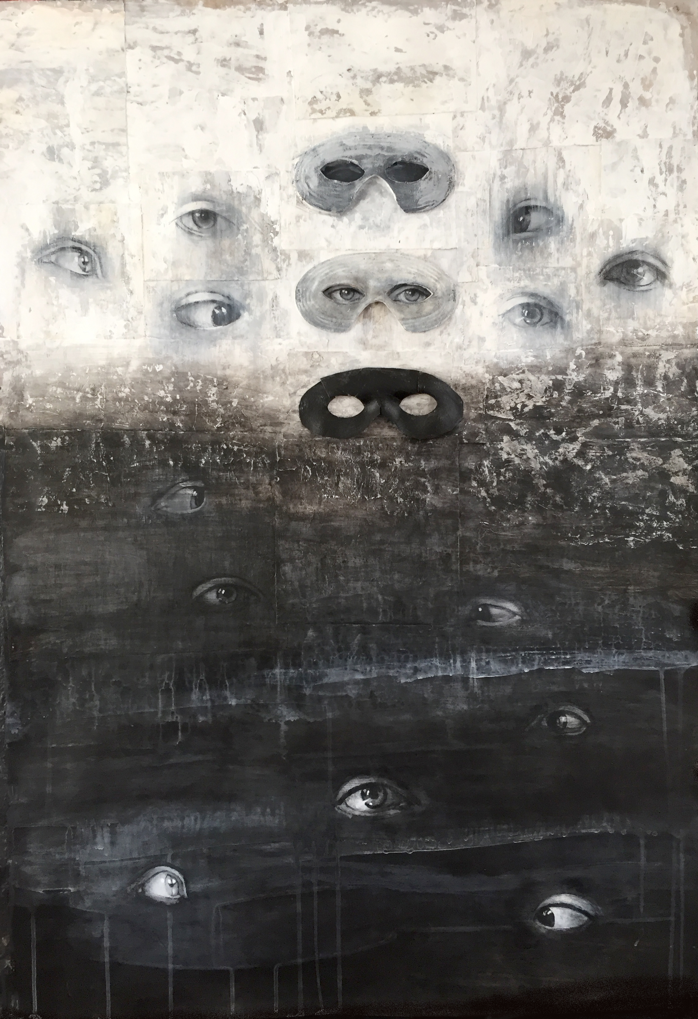 "Surveillance Series: Masks", Acrylic, charcoal, chalk, collage on paper, 40"W x 60"H