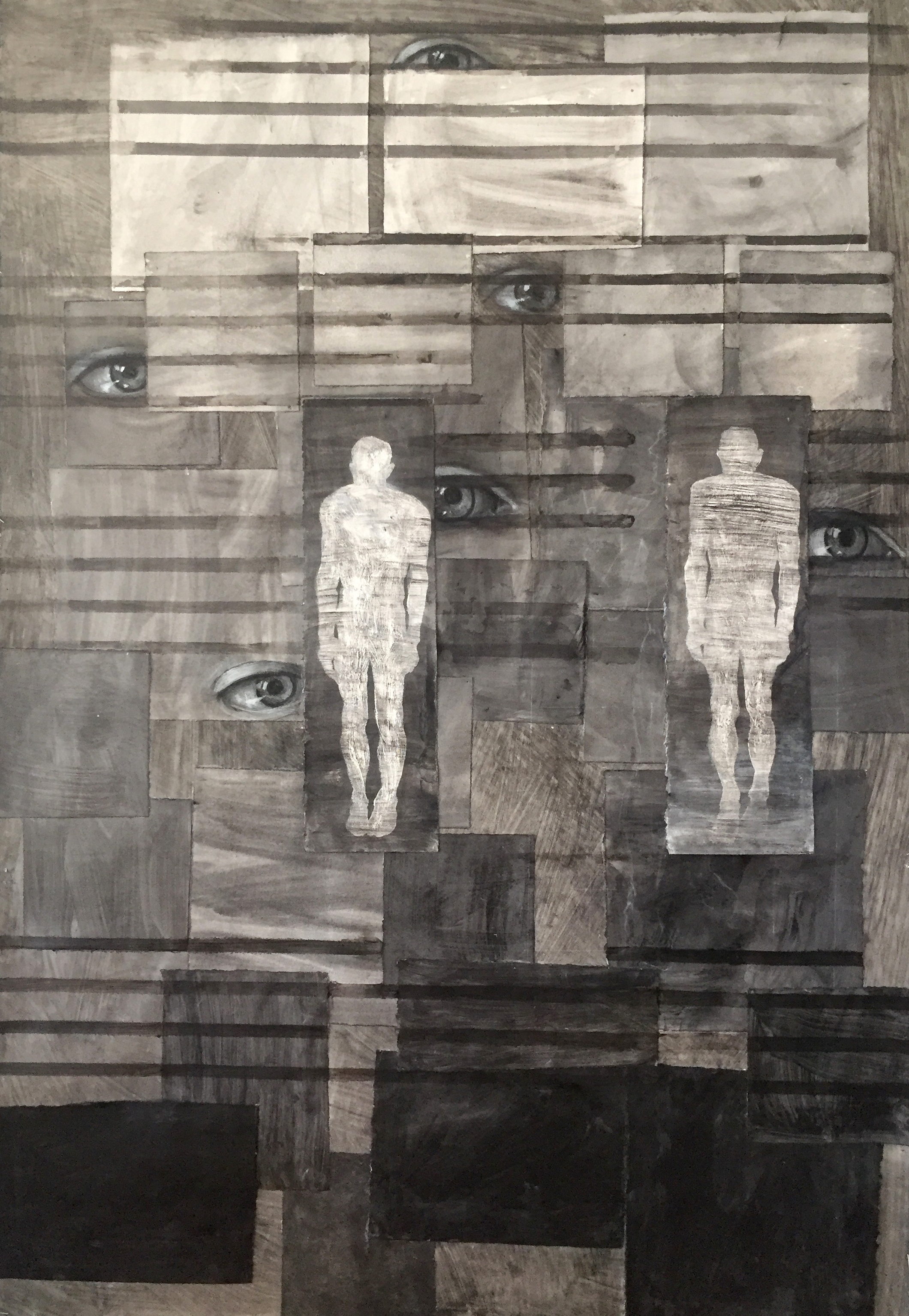 "Surveillance Series: Blinds": acrylic, charcoal, chalk on paper, 40"W x 60"H