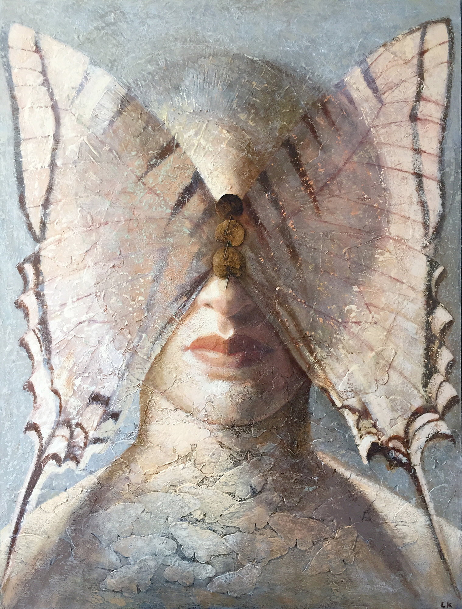 "Winged Mask II", Acrylic, Collage, 30"W x 40"H