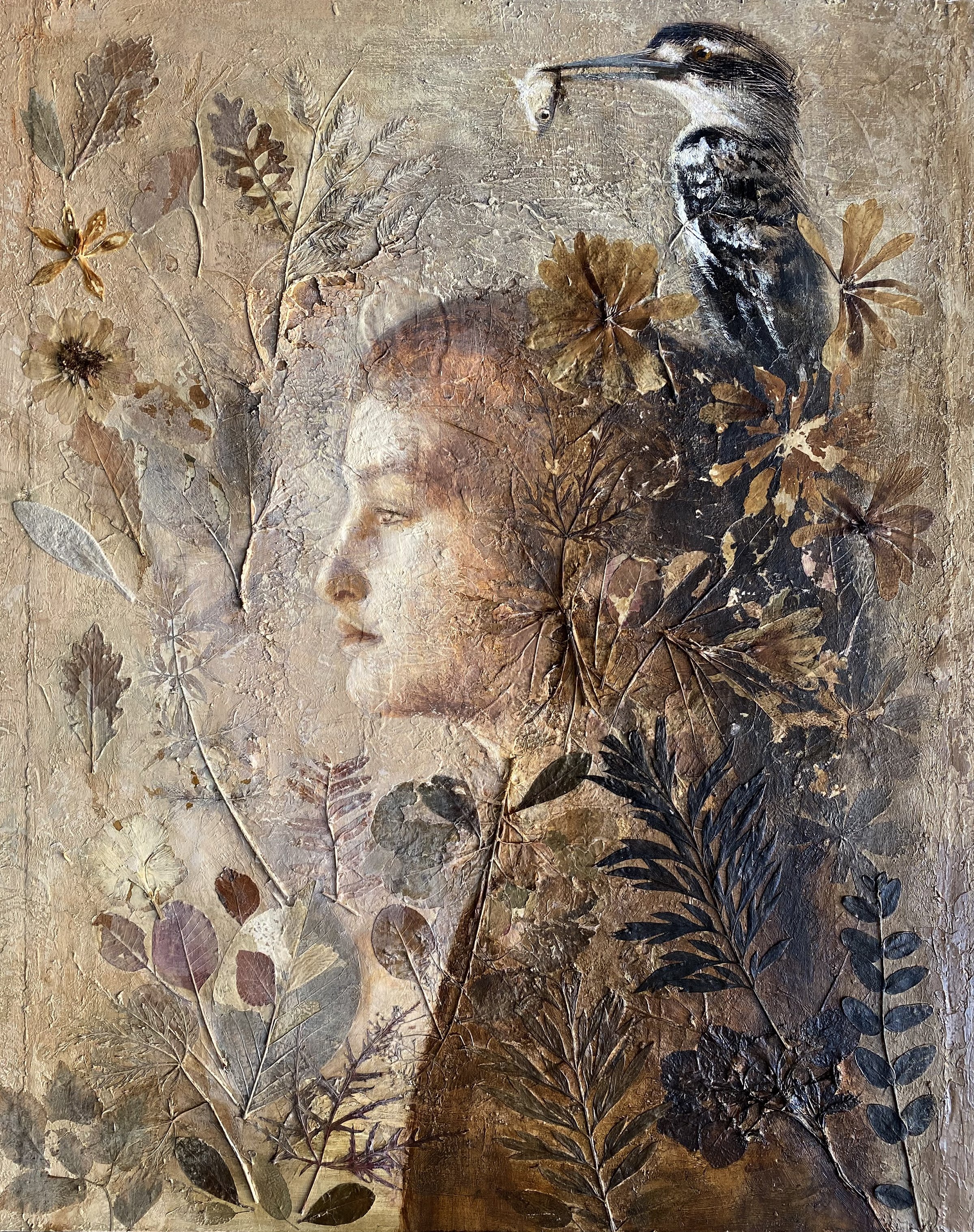 "Kingfisher Diadem", Acrylic, Collage, 24"W x 30"H