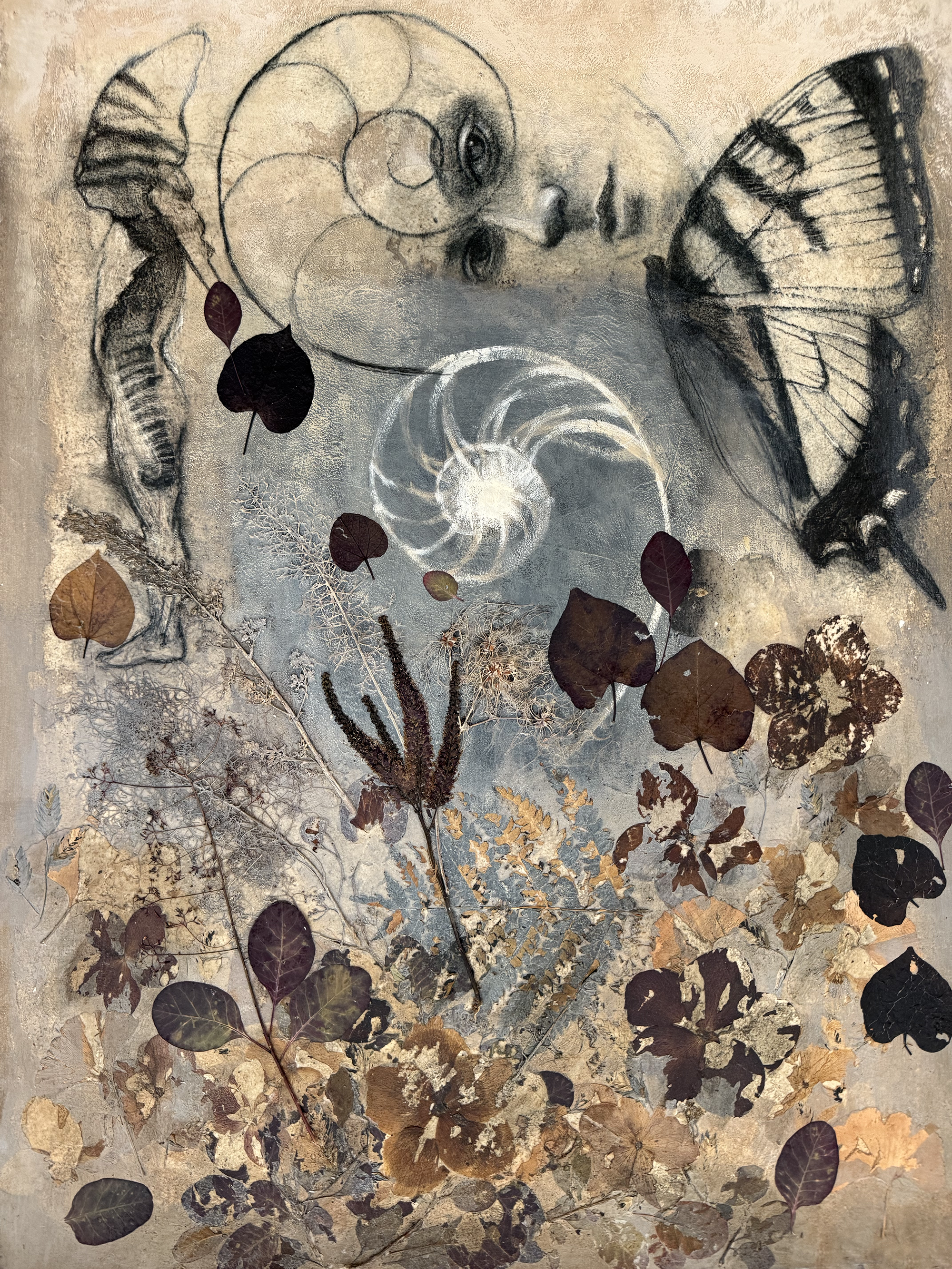 "WHEN A BUTTERFLY FLAPS ITS WINGS" ACRYLIC, CHARCOAL, COLLAGE, 22"W X 30"H