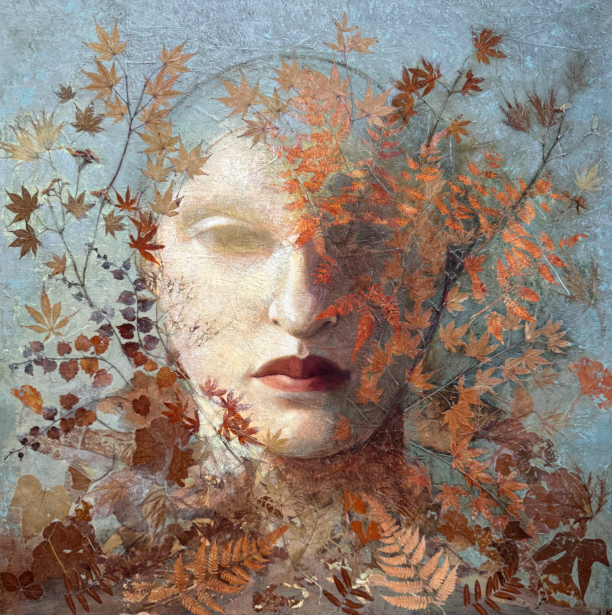 "MAPLE LEAF VEIL", ACRYLIC, COLLAGE, 36" X 36"