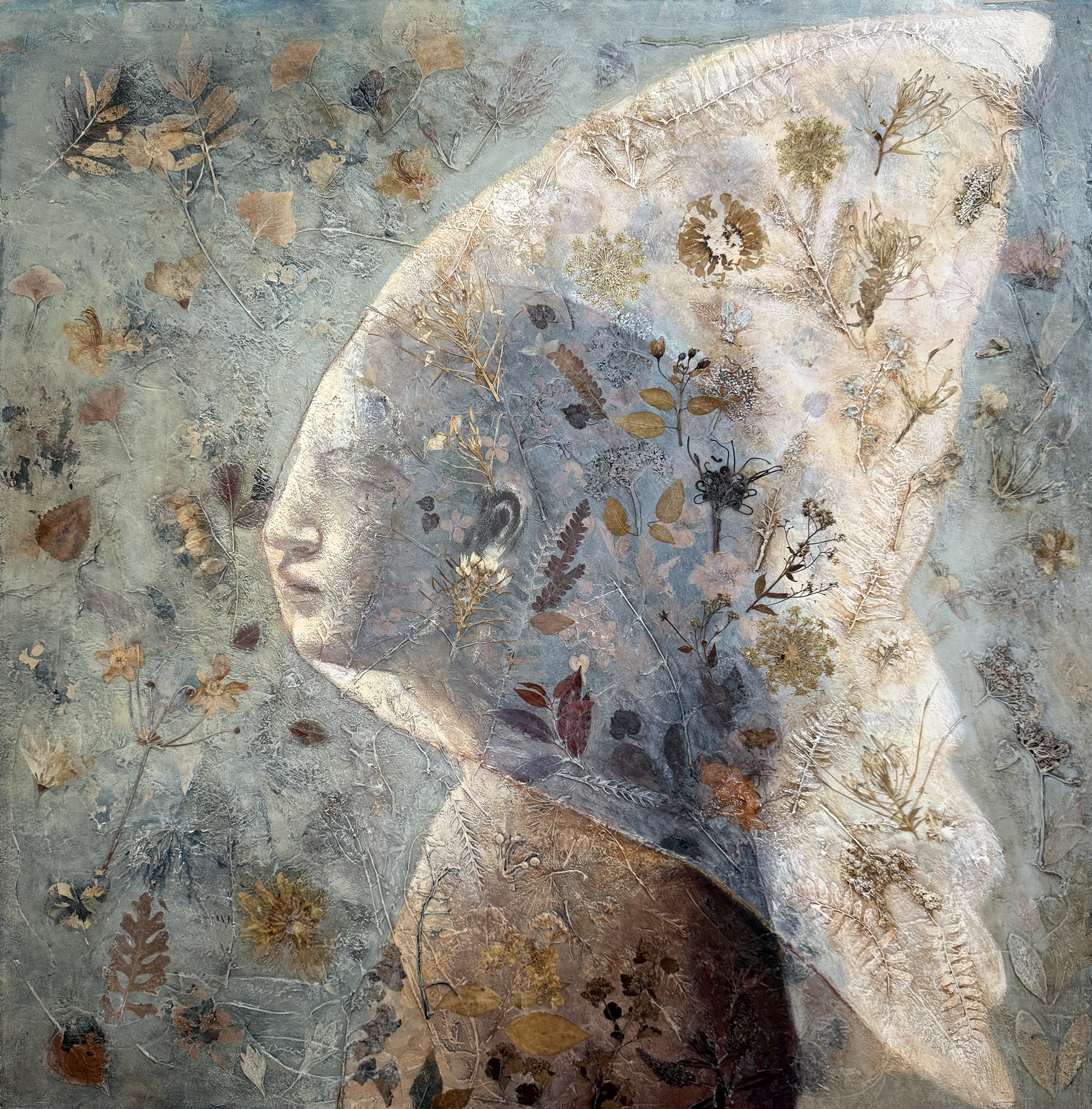"CHRYSALIS", ACRYLIC, COLLAGE, 36" X 36"