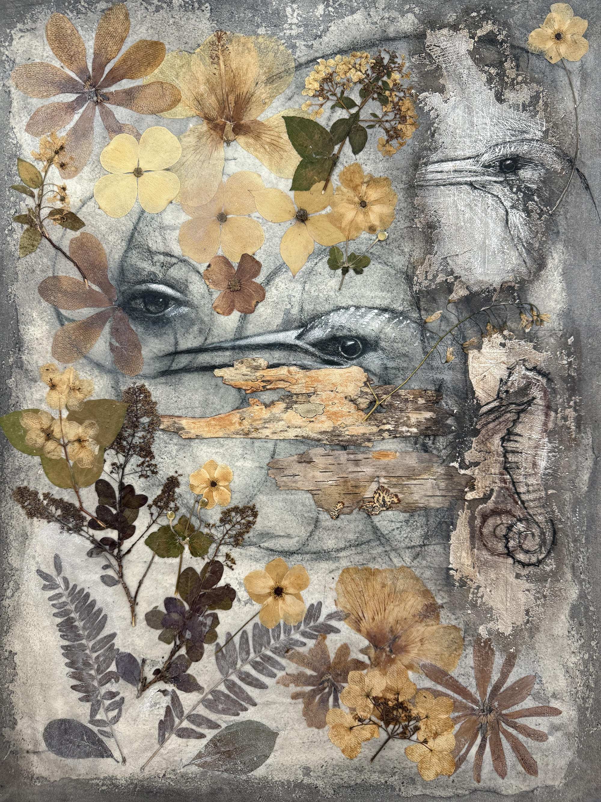 "WATCHERS IN THE WORLD", ACRYLIC, CHARCOAL, COLLAGE, 22"W X 30"H