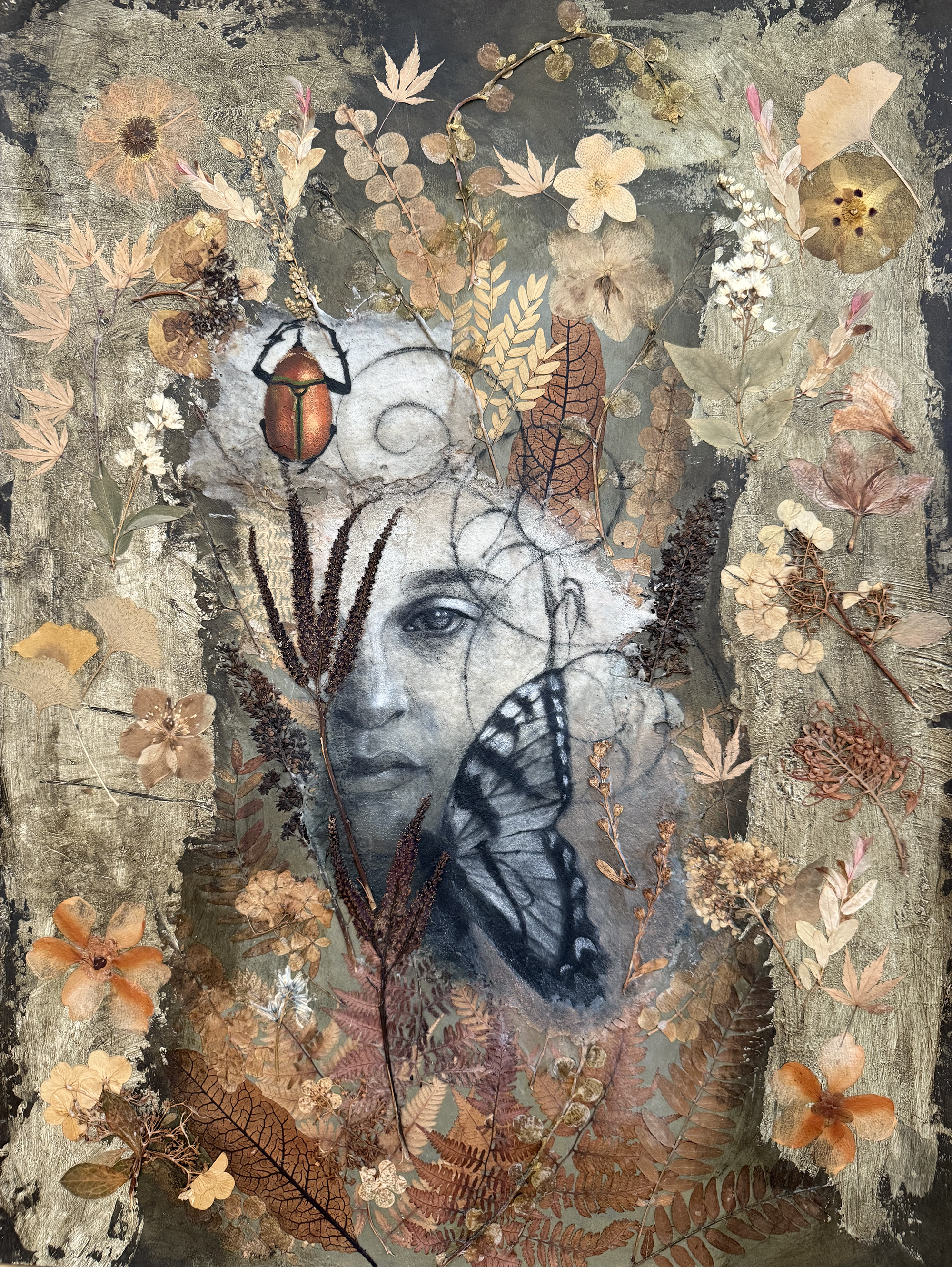 "FALSE INDIGO", ACRYLIC, CHARCOAL, COLLAGE, 22"W X 30"H