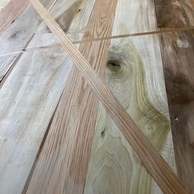 Working on a table for my wife. Made from discarded street found construction wood, planed down and joined with mortise and tenon. The oak diagonals are my substitution for butterflies to keep the thing together and create some visual interest. It&rs