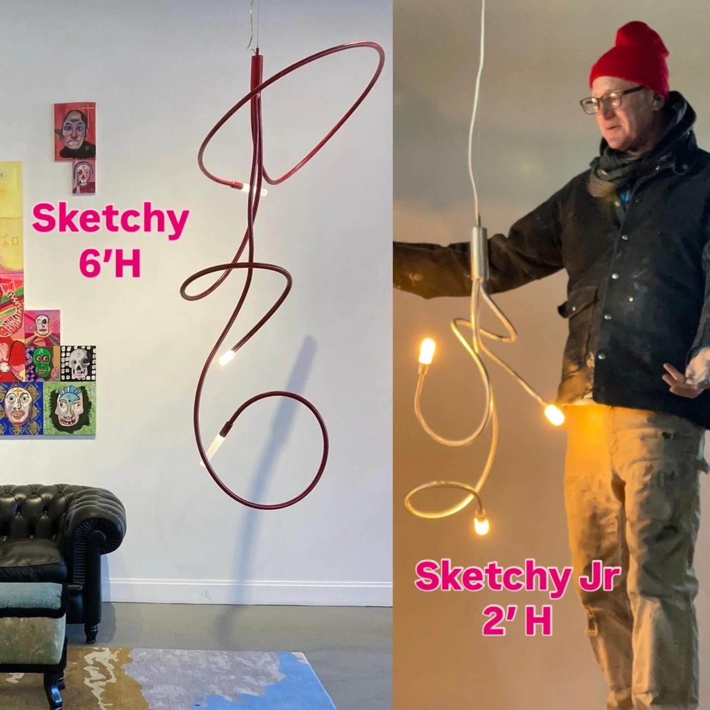 Our OG Sketchy Pendant on the left is 6&rsquo; tall and lamped with our standard LED modules with 1.25&rdquo; x 7&rdquo; frosted acrylic lenses.  The new Sketchy Jr is only 2&rsquo; tall and lamped with g9 sockets and replaceable LED bulbs that are c