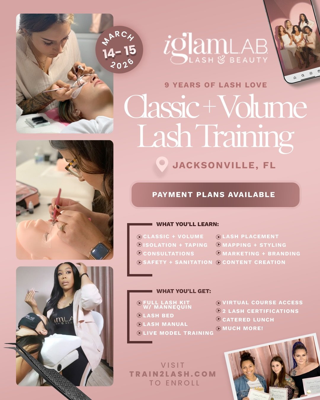 For the first time ever, we&rsquo;re pouring everything we&rsquo;ve built at iGlam into a 2-Day Classic + Volume Lash Training Masterclass! All strategies shared, NO GATEKEEPING and we couldn&rsquo;t be more excited! 

Most lash courses teach you tec