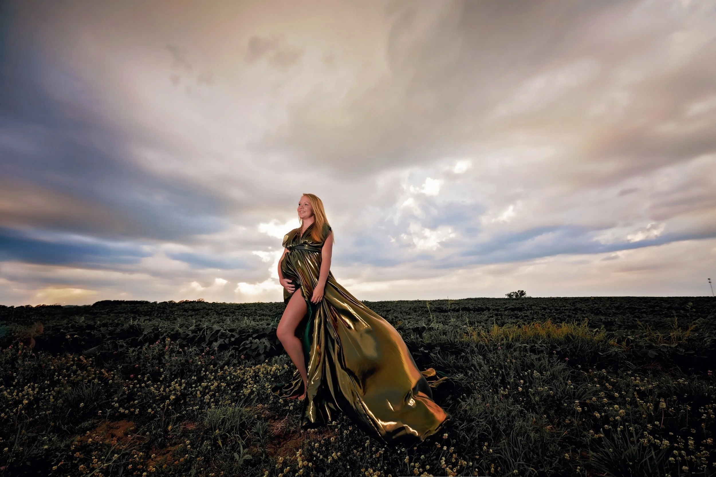 expecting mom in maternity photos in a glamorous dress in cameron missouri