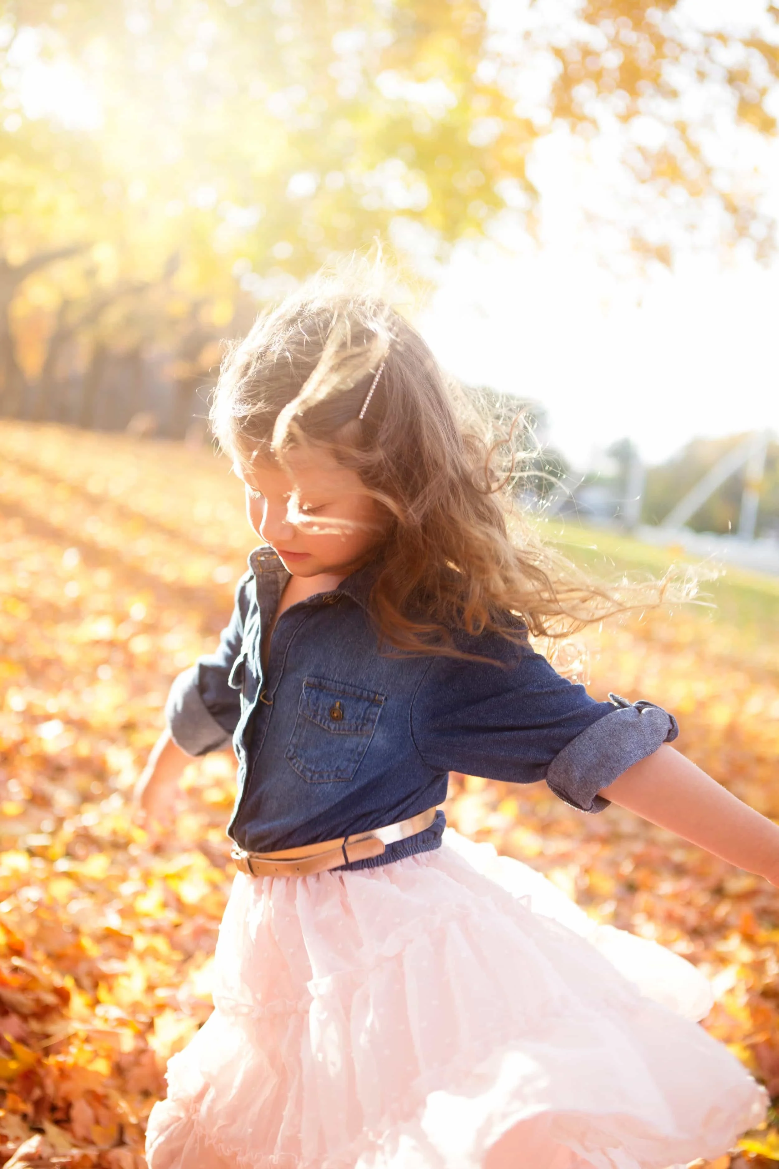 Young girl In Cameron MO with brown curly hair, wearing a denim jacket and pink skirt, playing in a pile of autumn leaves outdoors on a sunny day.