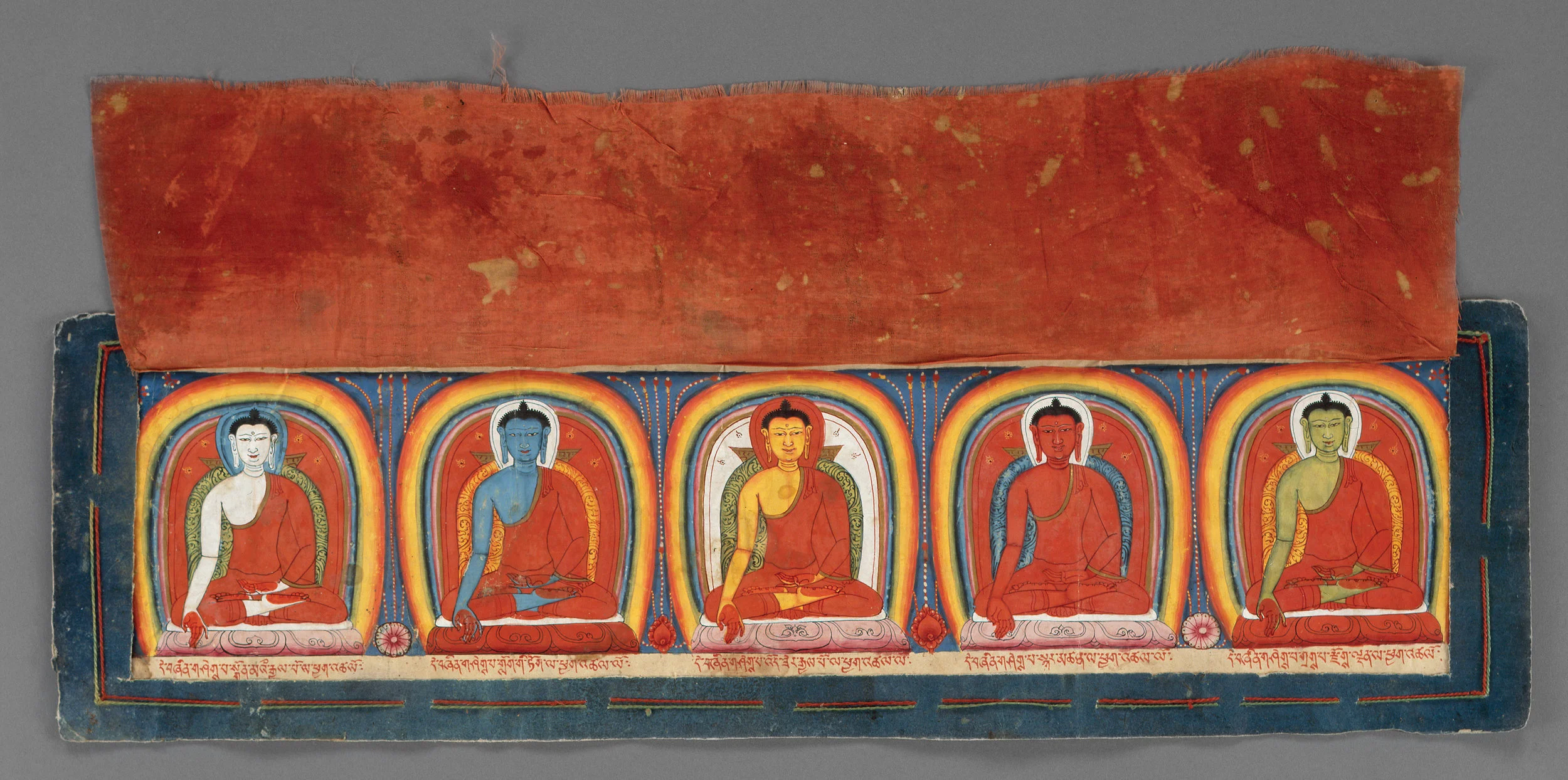 Five Buddha Illuminations (detail), on Black Manuscript Pages, Tibet, 12-13th Century, pigments on paper, silk cover