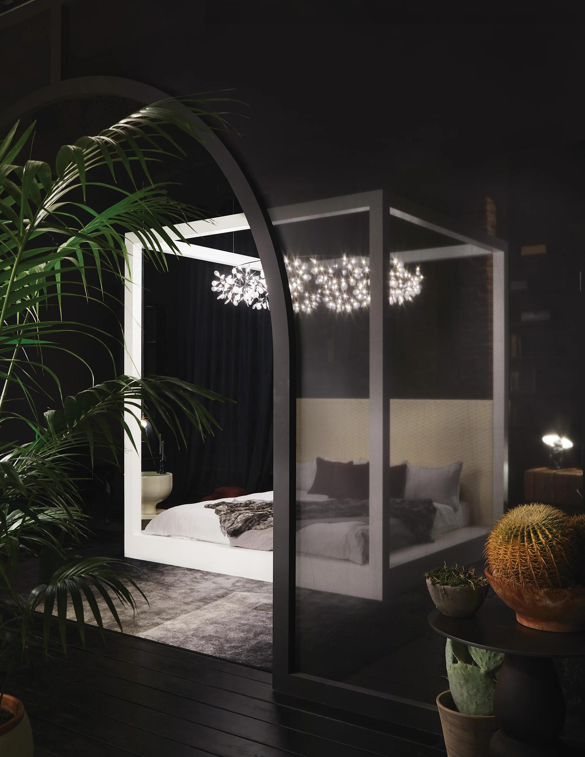 The Salone exhibition features a stately bedroom with a custom canopy bed by Megan Grehl and Heracleum The Big O chandelier overhead. Rug also designed by Megan Grehl. Photo: Zack DeZon.