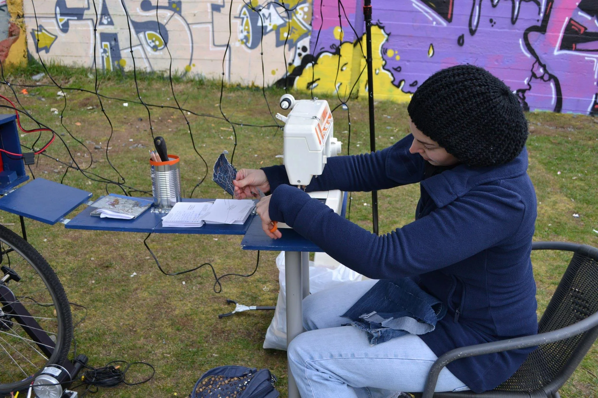 AER Lab event, Earth Day in Reykjavík, making reusable bags from old t-shirts using bike energy, 2012