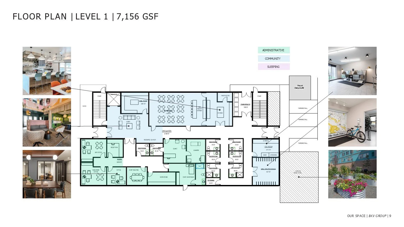 Main Floor featuring intake and administration as well as a community commercial kitchen and dining area 