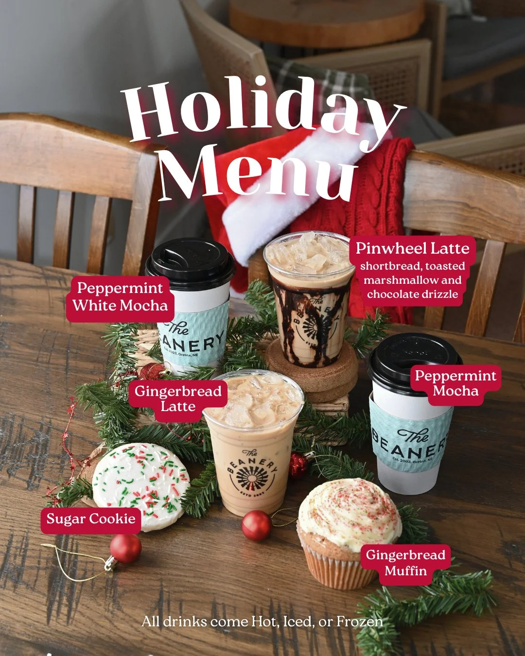 It&rsquo;s officially the coziest time of the year at the shops! Our holiday menu is here and is packed with all of your favorite jolly flavors🎁⁠
⁠
Drinks - Served Hot, Iced, or Frozen⁠
☕️Peppermint White Mocha ⁠
☕️Peppermint Mocha ⁠
☕️Gingerbread L