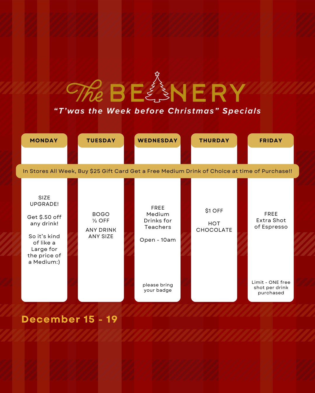 We are in the holiday spirit and want to celebrate! Get ready for the festivities starting next Monday!🎄🎅🎁☕️