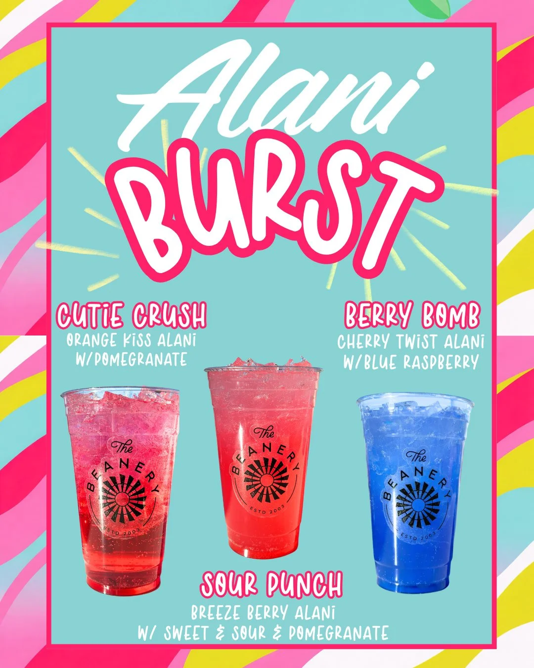 We tested something new, and to say the least we are obsessed.⁠
NEW. EXCLUSIVE. UNMATCHED.⁠
Alani Burst now available at all locations!⁠
⁠
🍊 Cutie Crush - Orange Kiss Alani with Pomegranate⁠
🫐 Berry Bomb - Cherry Twist Alani with Blue Raspberry⁠
😎