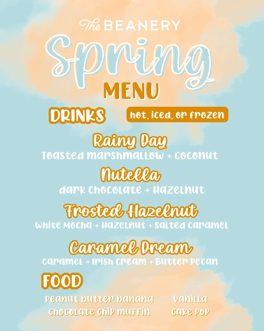SPRING IS HERE 🌸 SO IS THE SPRING MENU⁠
⁠
Longer days are approaching, which means it might be time to have a little fun and change up your coffee order!⁠
⁠
🌧️ Rainy Day Latte - Toasted + Marshmallow Coconut ⁠
🍫 Nutella - Dark Chocolate + Hazelnut