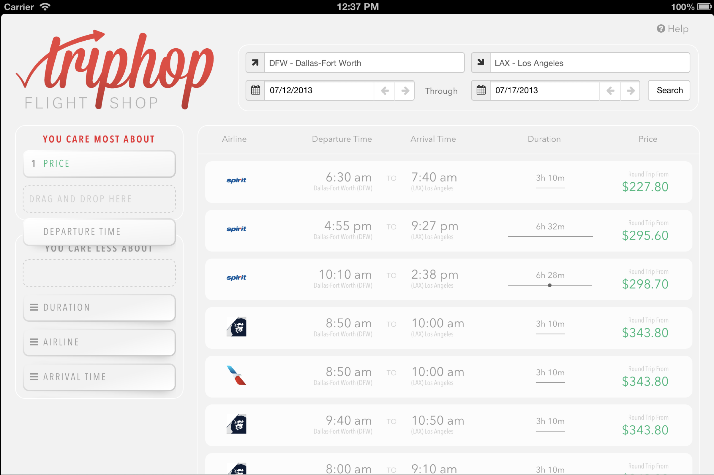 Drag & drop user prioritized flight search UI