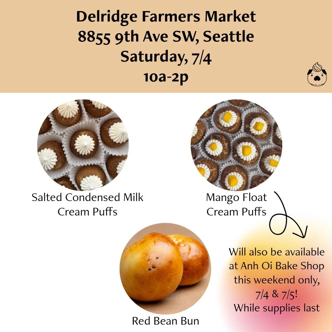 If y&rsquo;all don&rsquo;t have anything planned for Saturday, 7/4 come by the @delridgefarmersmarket for some goodies! And if you can&rsquo;t make it out to Delridge you can find my Mango Float Cream Puffs at @ohanhoi Bake Shop in CID.