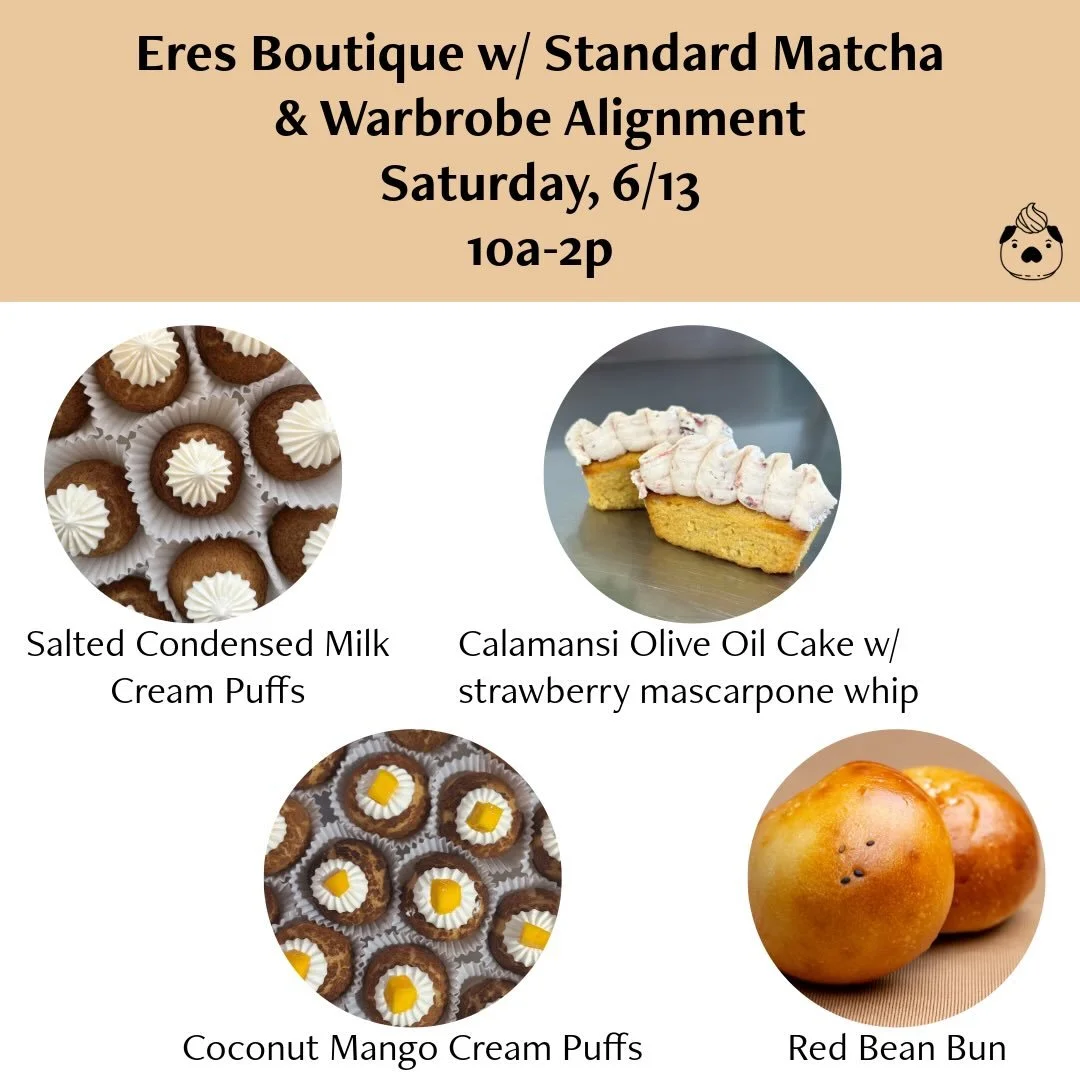 So excited for this pop-up with @standardmatcha &amp; @wardrobealignment this Saturday, 6/13 from 10a-2p (or sell out) at @eresseattle (SLU location)!

We will have our classic Salted Condensed Milk Cream Puffs and some special items: Coconut Mango C