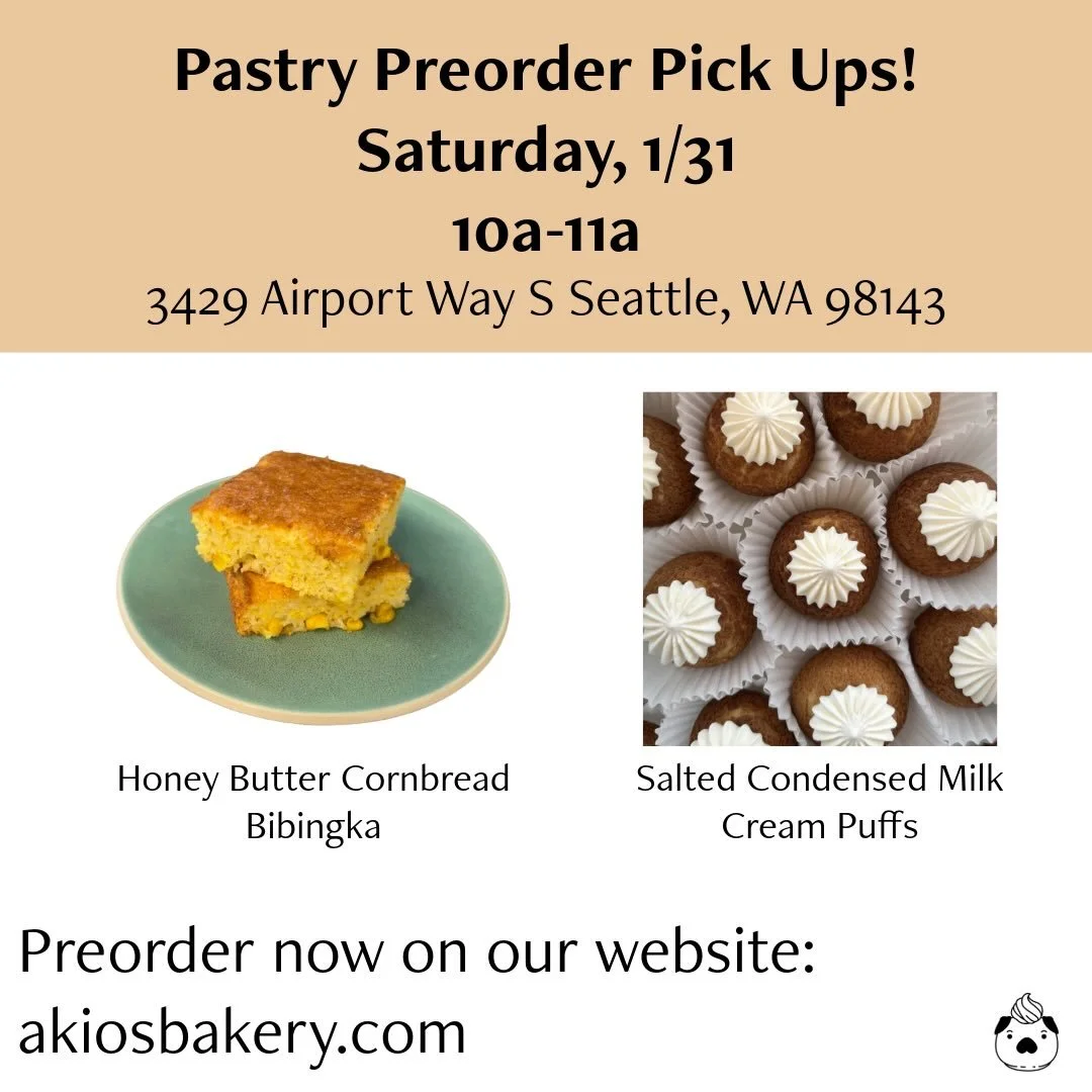Another Saturday Pre-order pick up coming to you!! Pre orders are open now on my website, link in my bio. We will have cream puffs this time around and no focaccia. We still will have the cornbread bibingka if you didn&rsquo;t get a chance to try it 