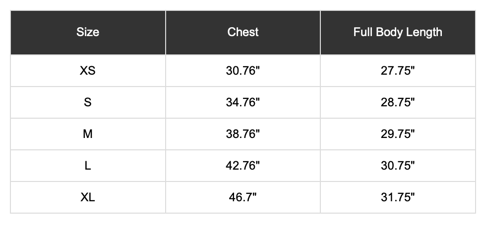Ride NoCo Black T-Shirt Size Chart