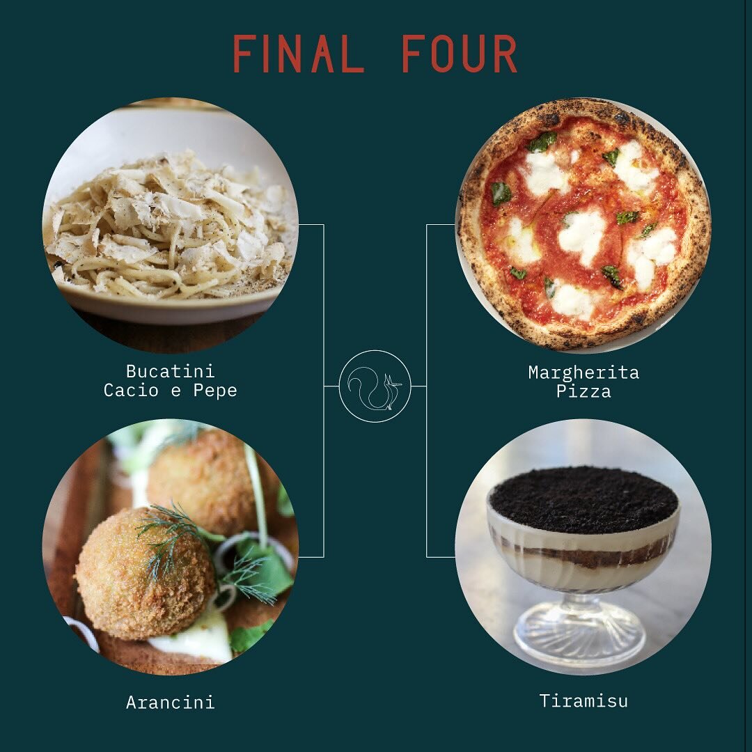 Our #FinalFour has been set 🏀🍕🍝 featuring Arancini, Margherita Pizza, Bucatini Cacio e Pepe, and Tiramisu. Indulge in victory with a 10% discount on these items through Sunday using code: MENUMADNESS when you order for pickup or delivery via our w