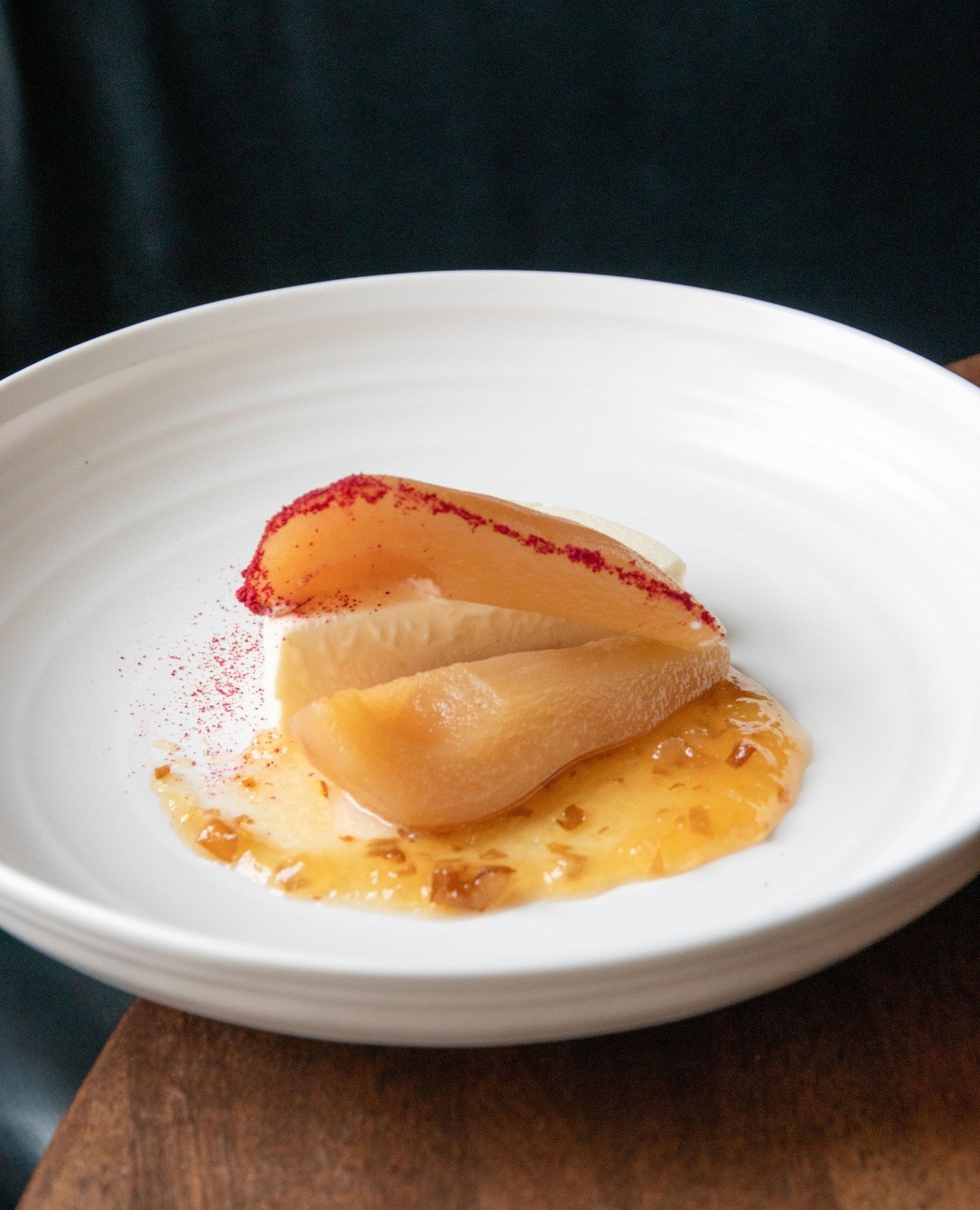 End your night with our Poached Pear &amp; Bay Laurel Semifreddo&mdash;pear butter, vermentino, cranberry 🍐🥄⁠
⁠