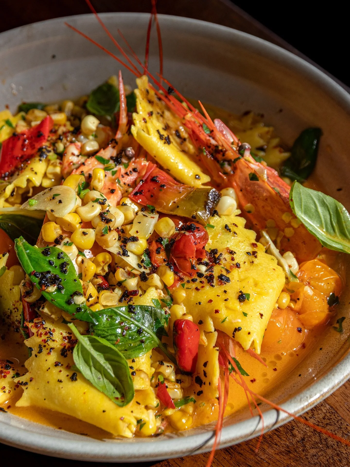Stracci e Gamberi 🦐 sungold tomato, prawns, grilled corn, marash pepper &amp; basil