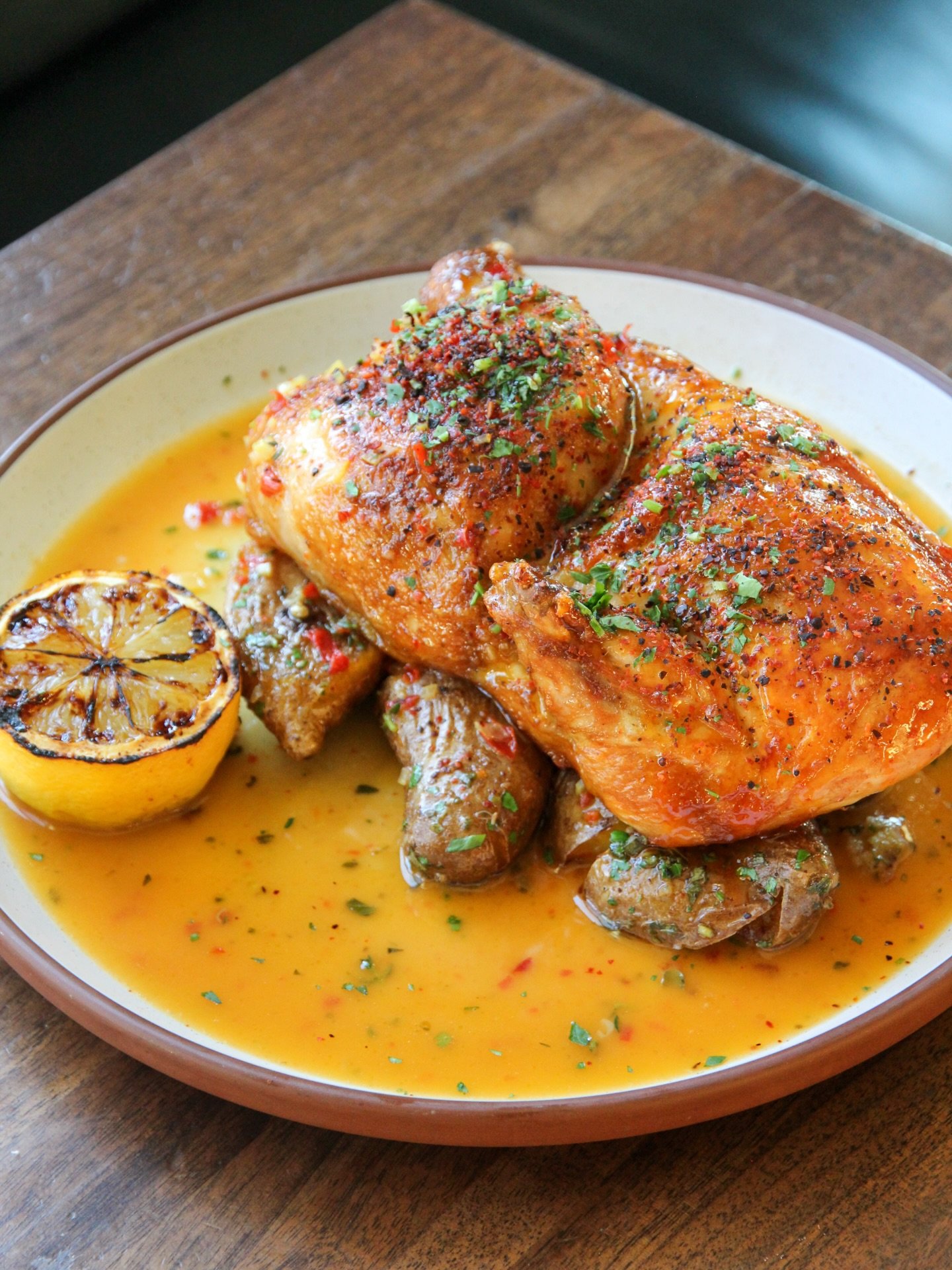 The best chicken you&rsquo;ll ever eat. 🔥

Chicken Diavola &mdash; Calabrian chili &amp; honey glaze, crispy new potatoes