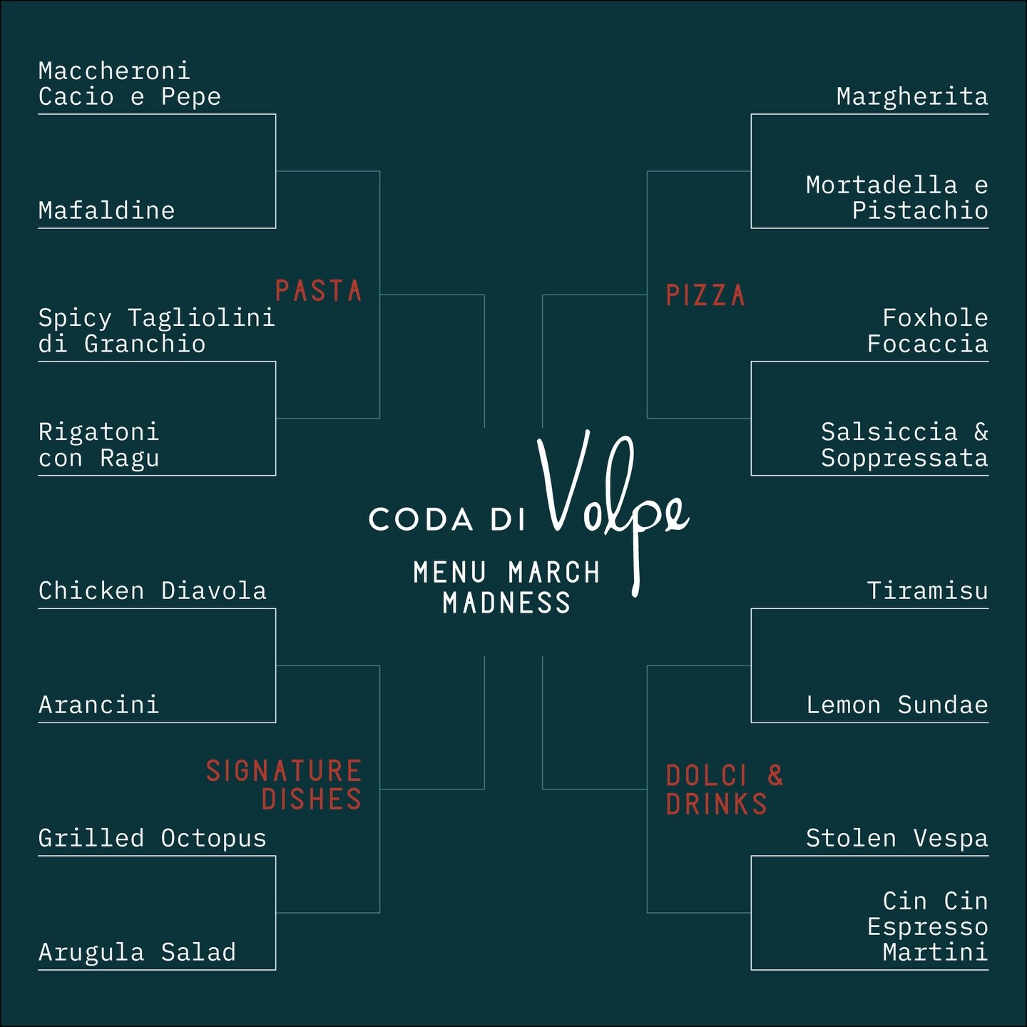 Menu March Madness is back! Vote in our Instagram story polls each week for your favorite dishes as they face off on our bracket. Winning dishes get an exclusive discount promo code for pickup and delivery. Don&rsquo;t miss out on the action! 🏀🍽️#M